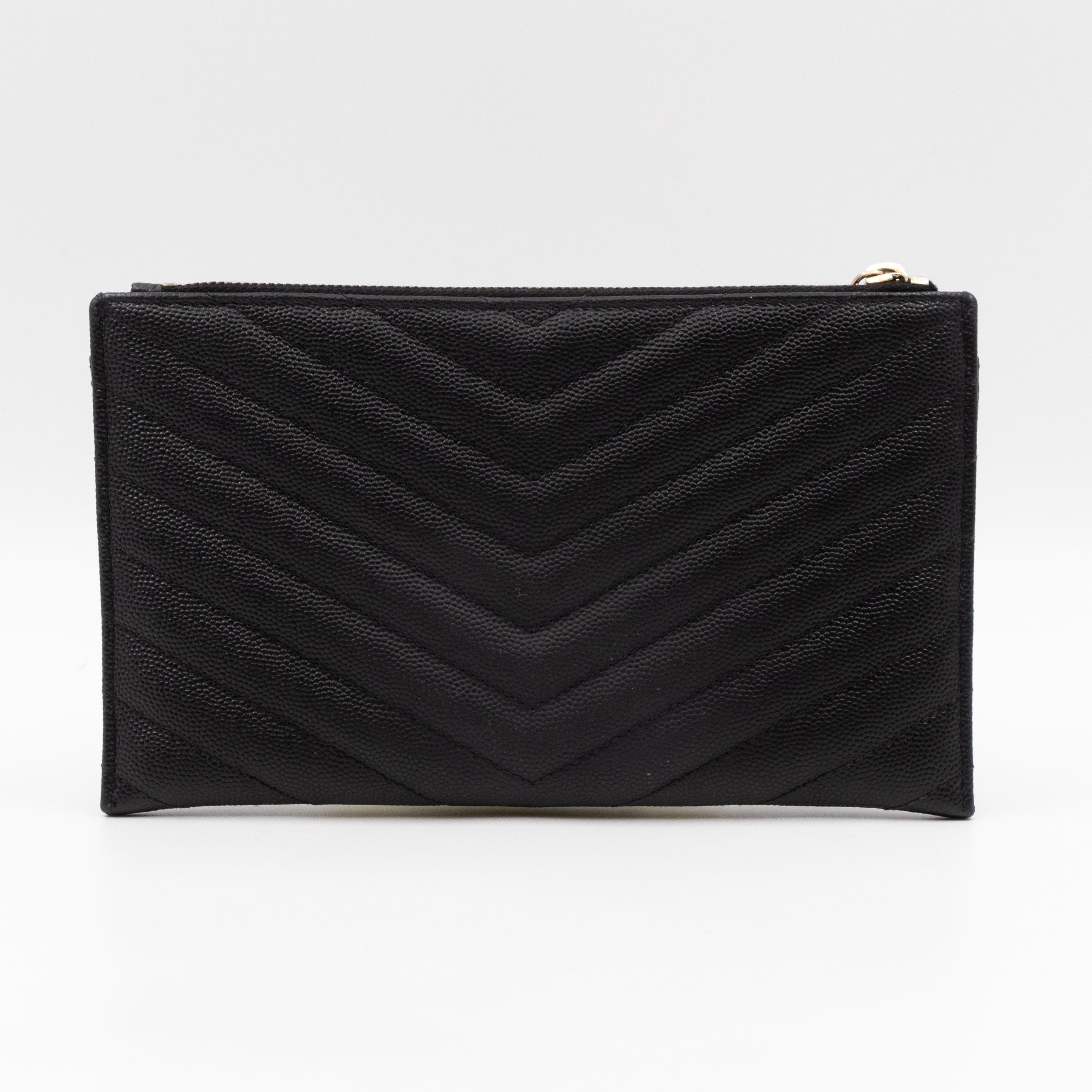 Zipped Pouch Chevron Grained Leather Black