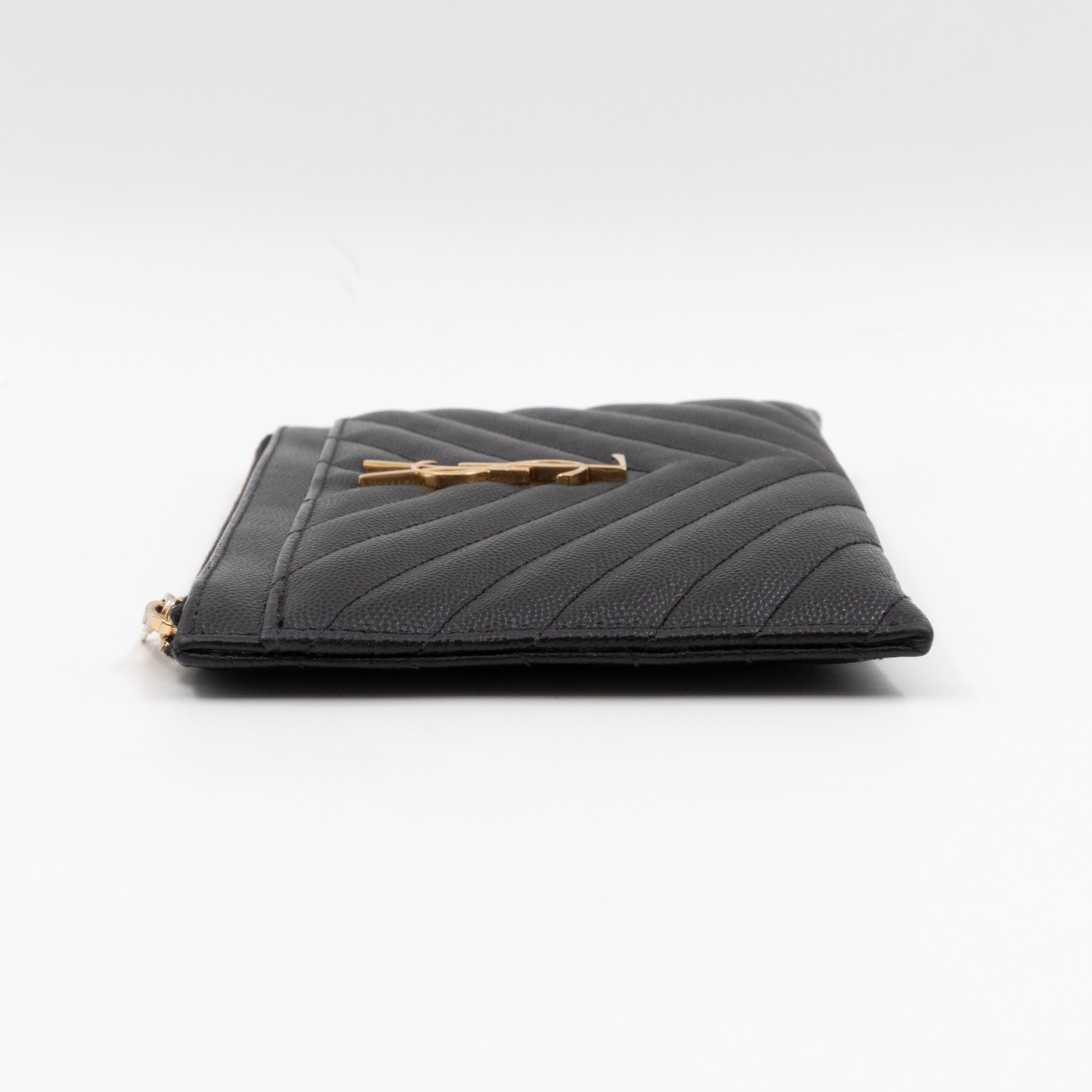 Zipped Pouch Chevron Grained Leather Black