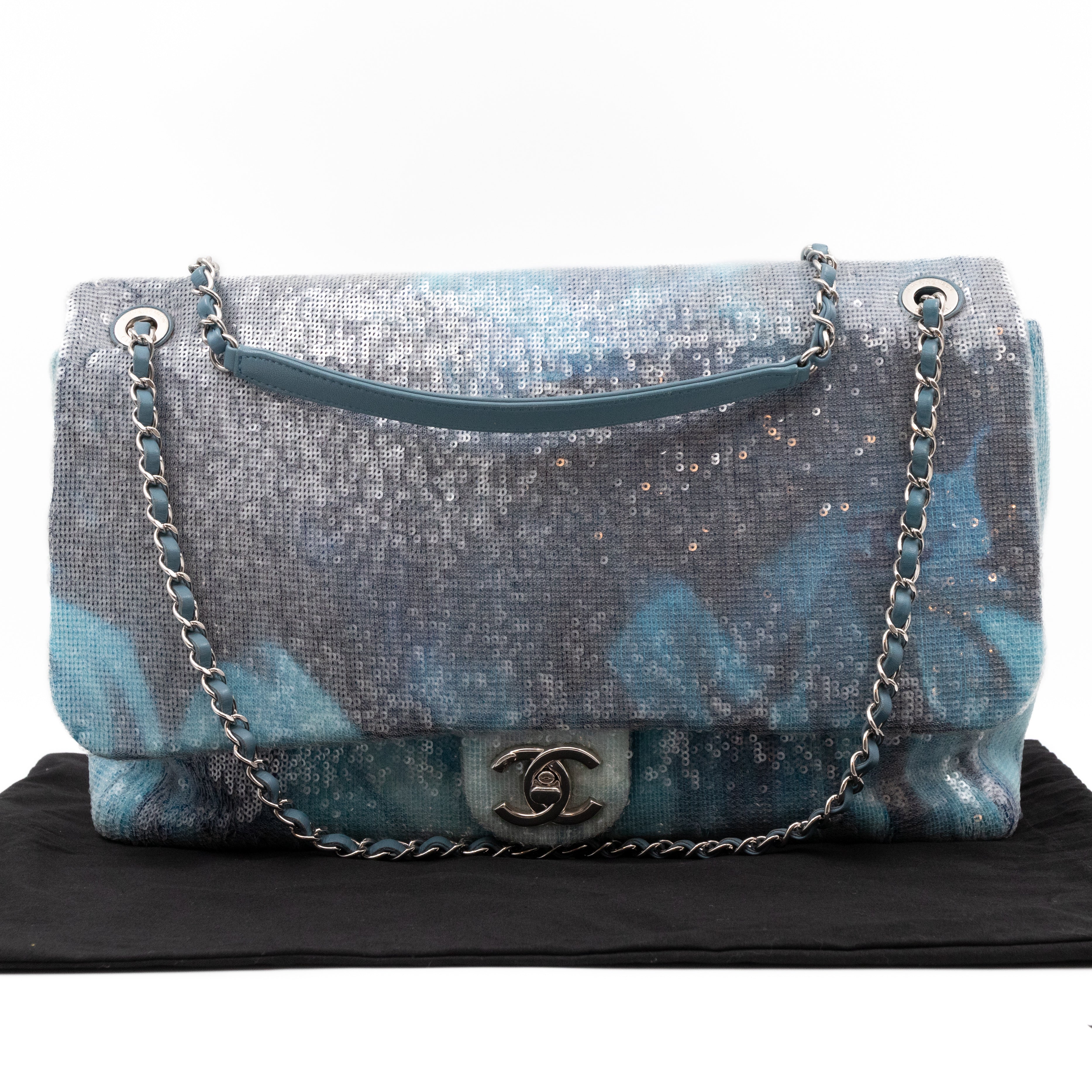 Large Sequin Waterfall Flap Light Blue Leather