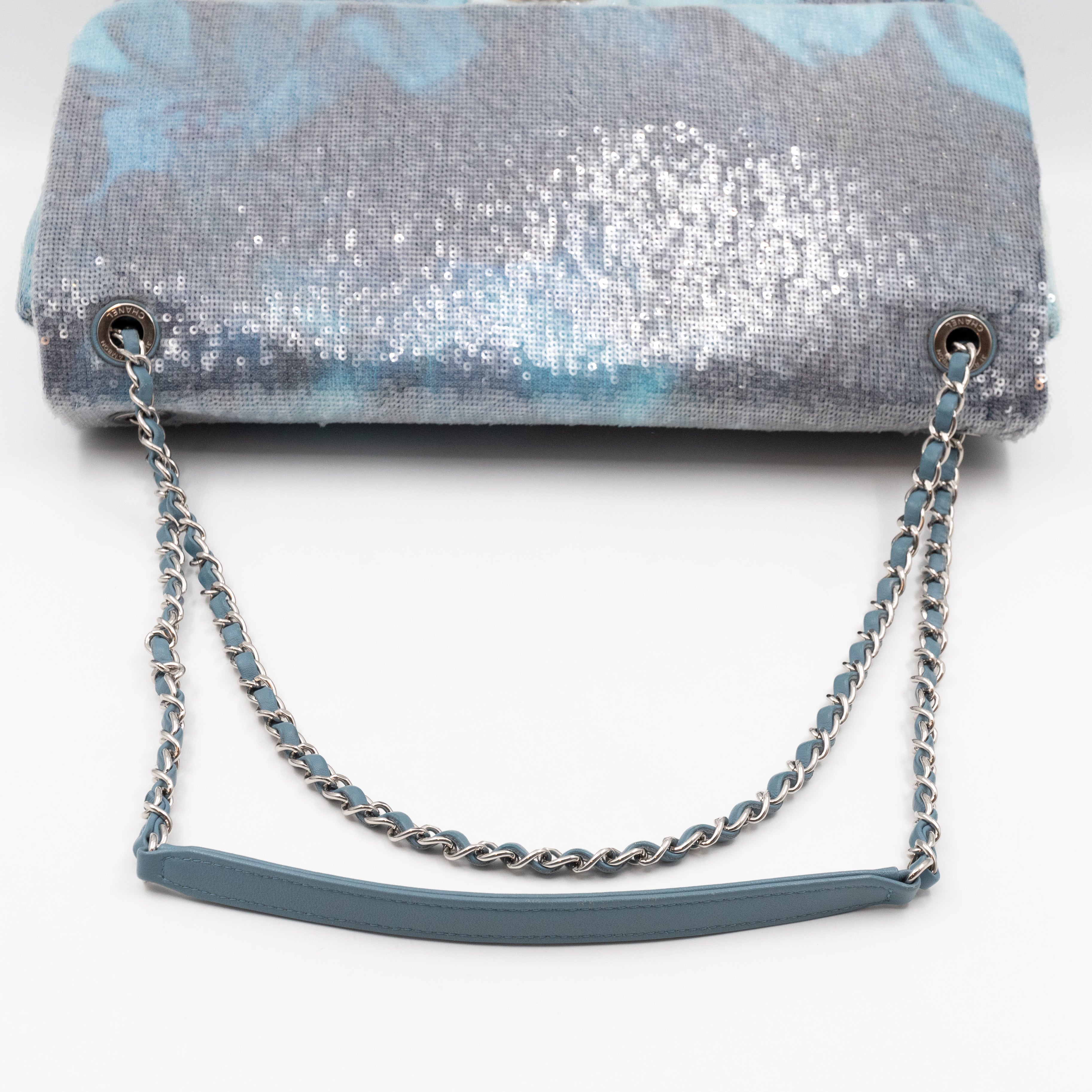 Large Sequin Waterfall Flap Light Blue Leather