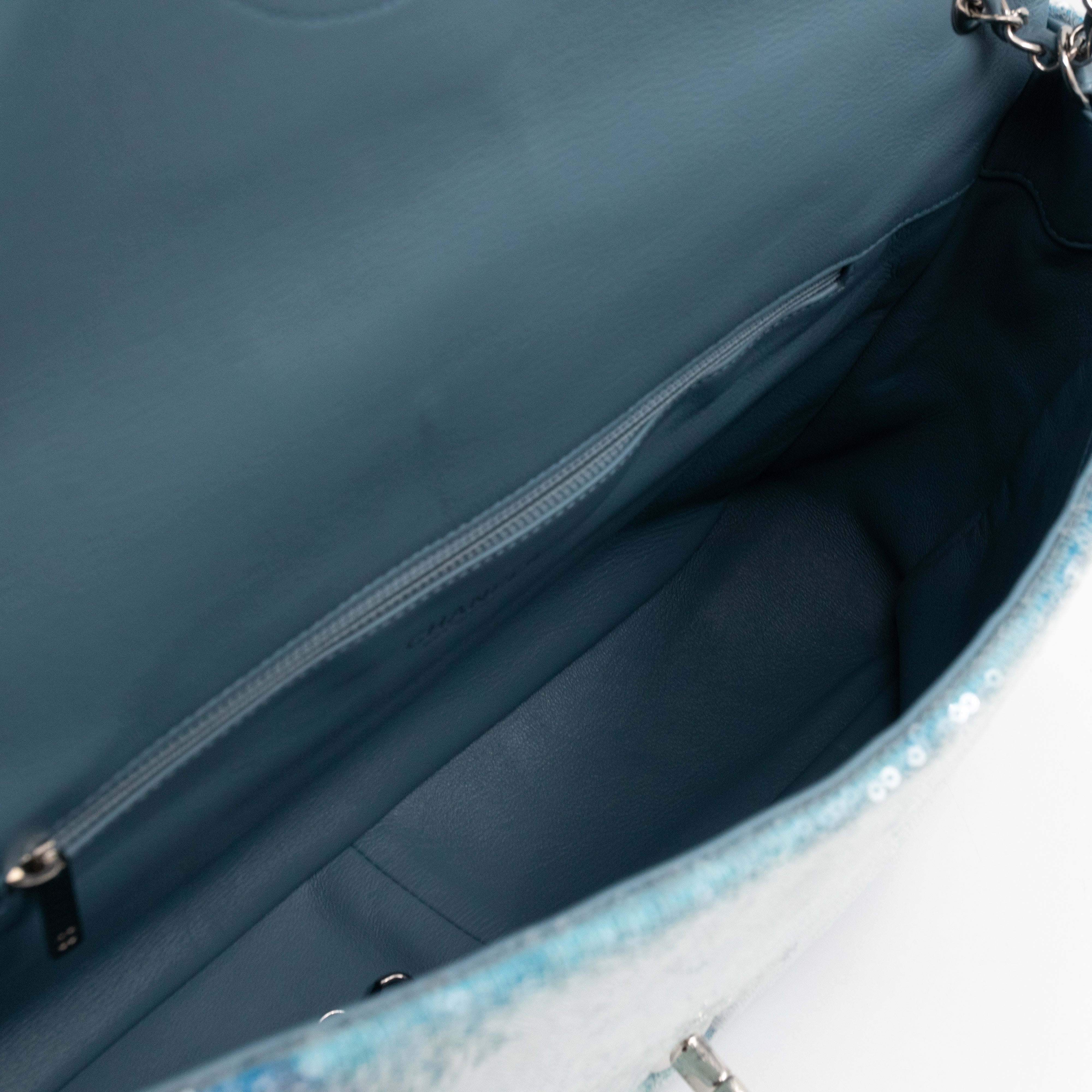 Large Sequin Waterfall Flap Light Blue Leather