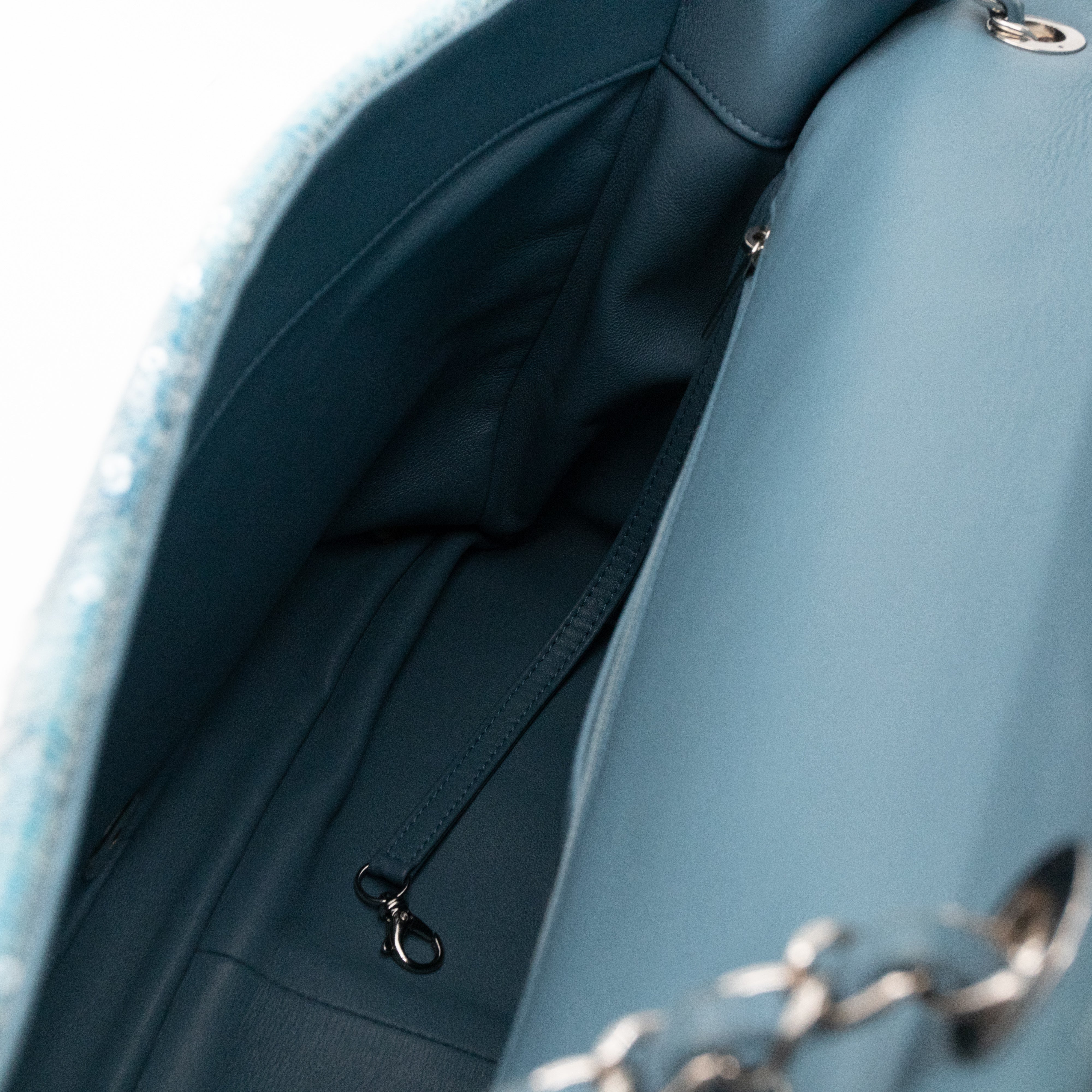 Large Sequin Waterfall Flap Light Blue Leather