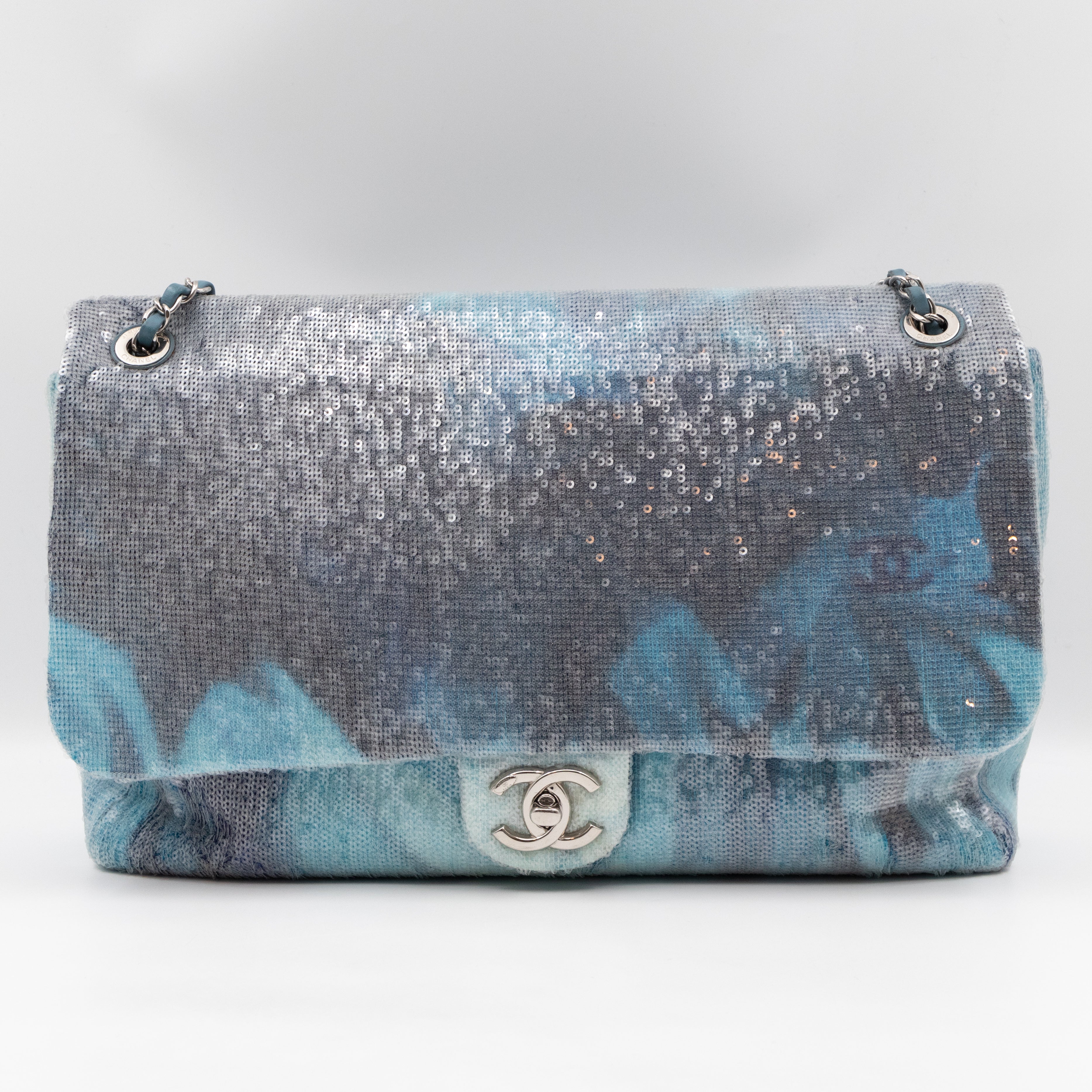 Large Sequin Waterfall Flap Light Blue Leather