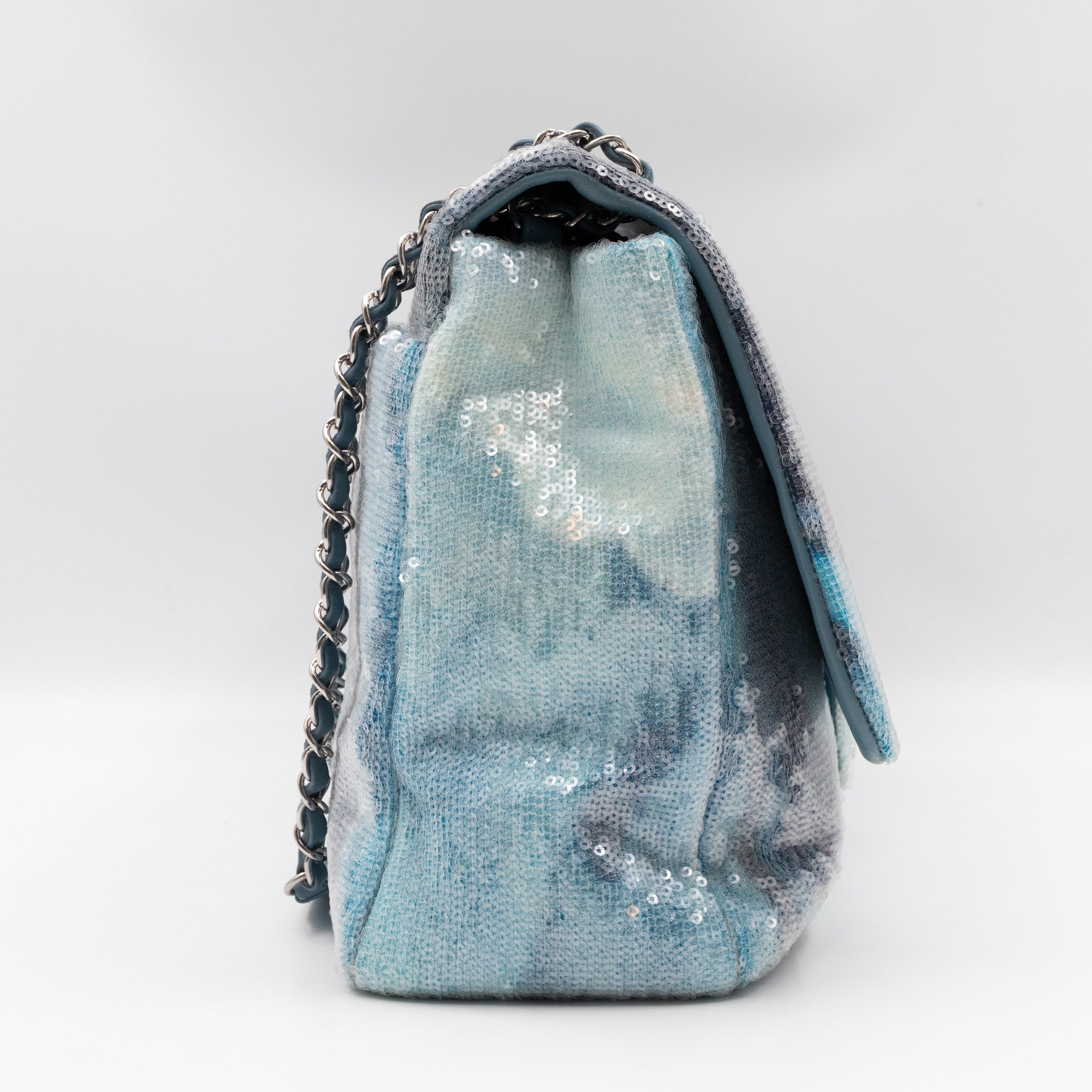 Large Sequin Waterfall Flap Light Blue Leather