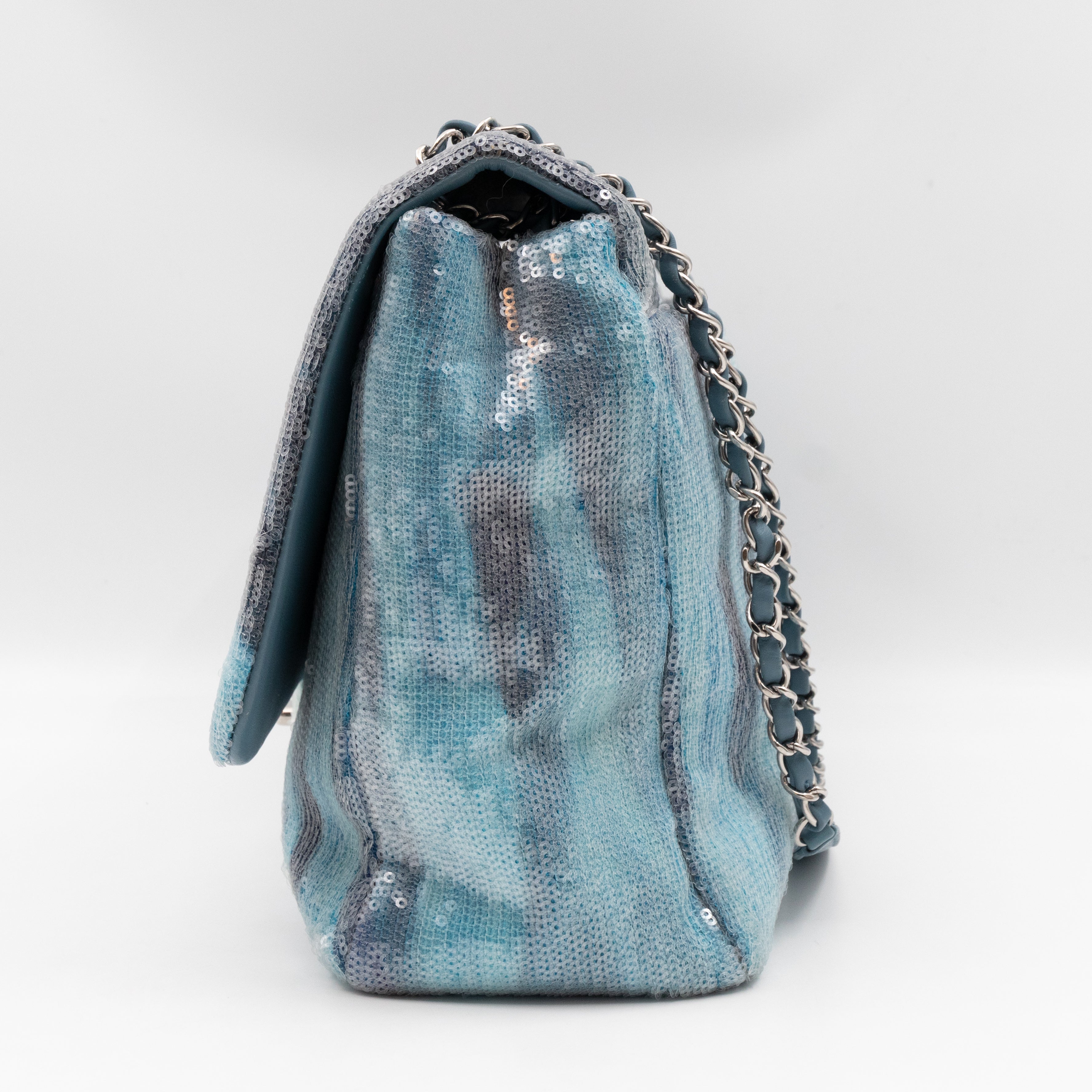 Large Sequin Waterfall Flap Light Blue Leather