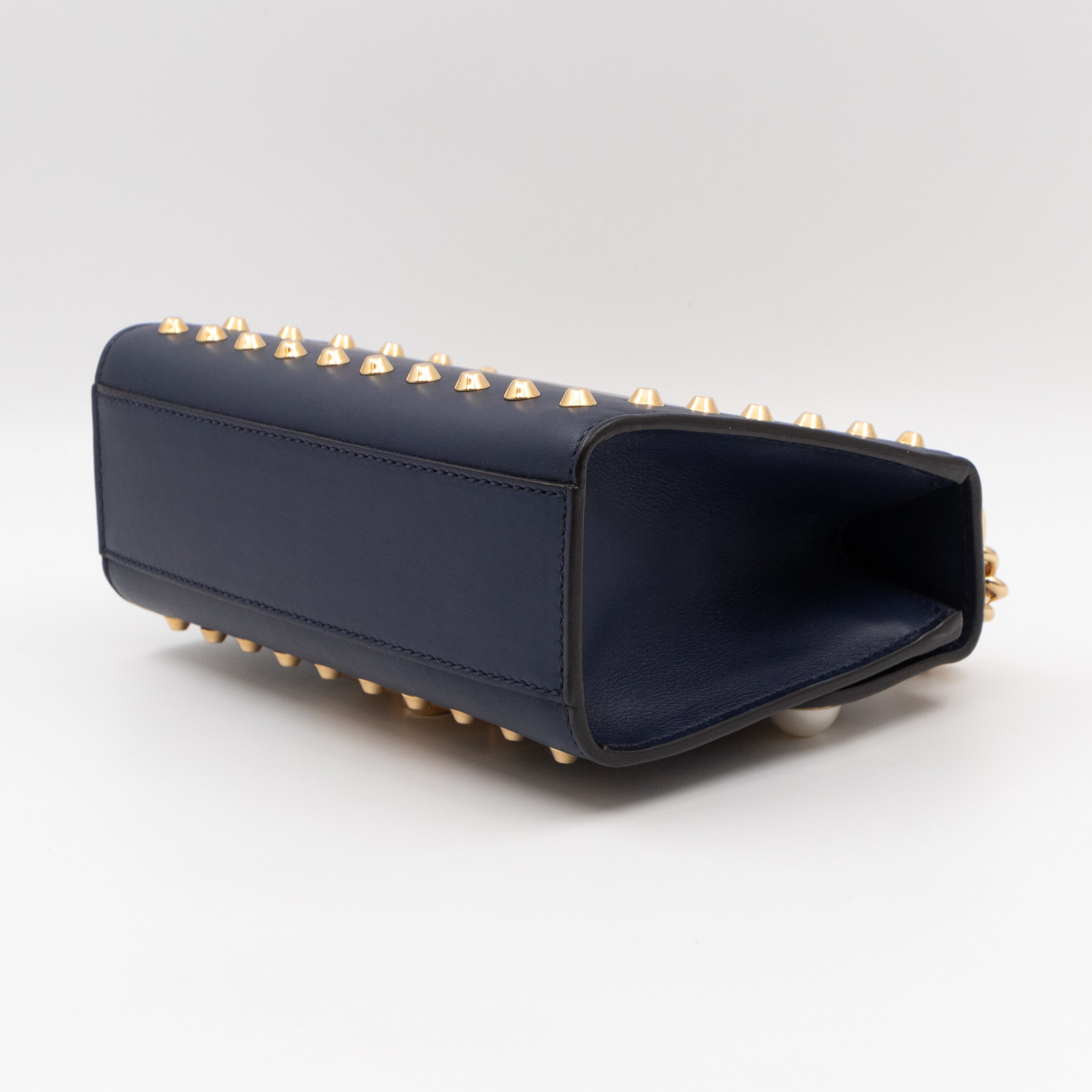 Padlock Small Pearl Studded Navy Blue Leather