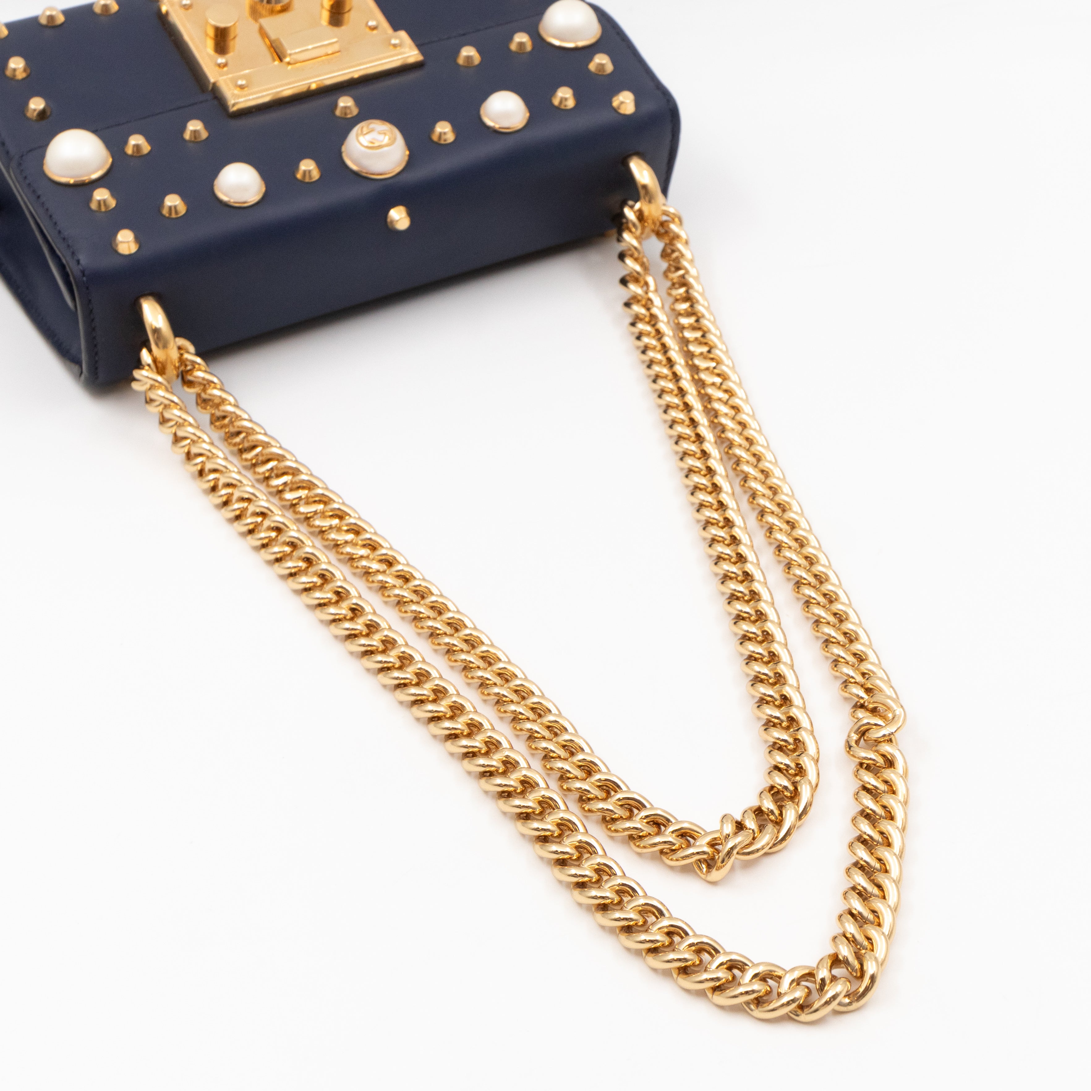 Padlock Small Pearl Studded Navy Blue Leather