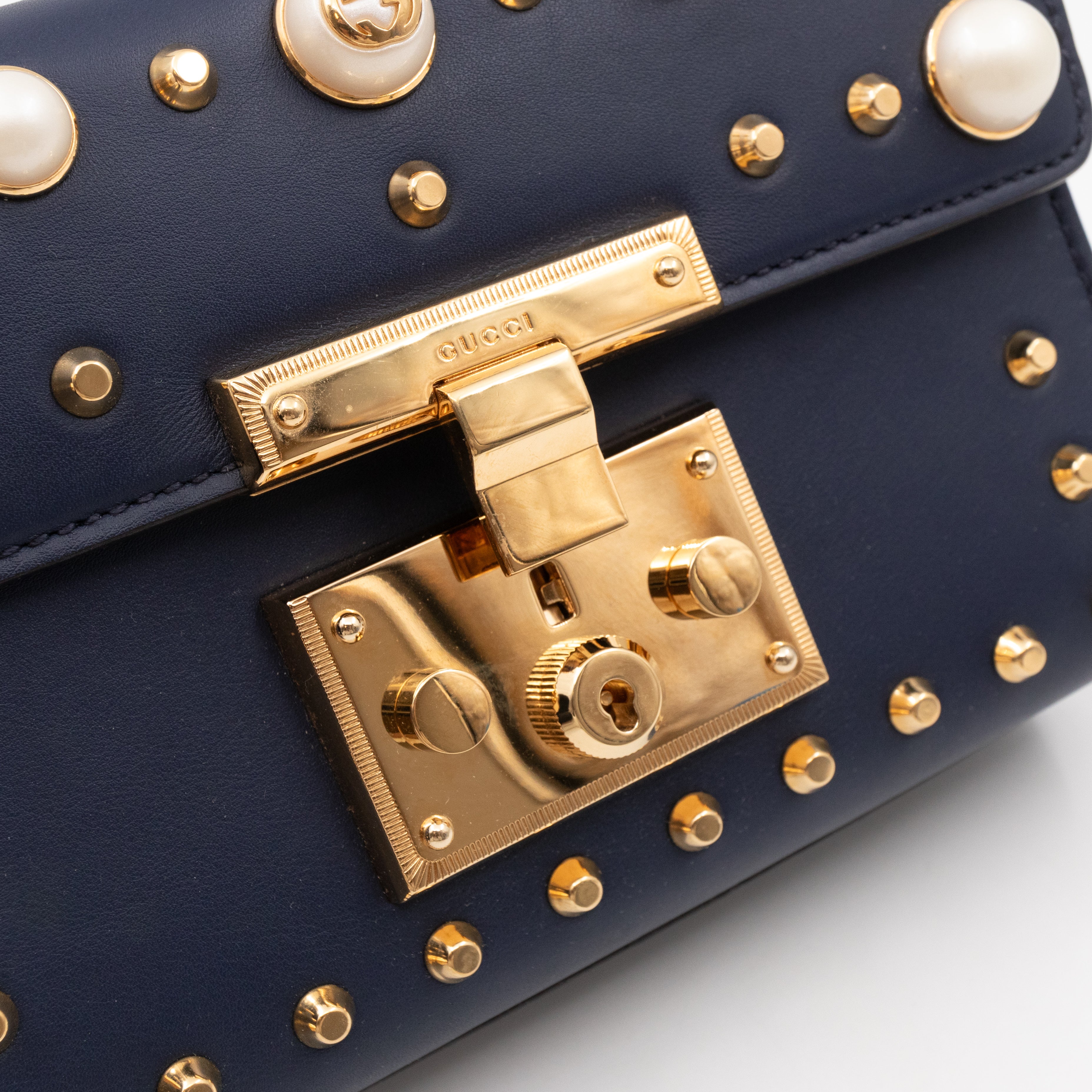 Padlock Small Pearl Studded Navy Blue Leather