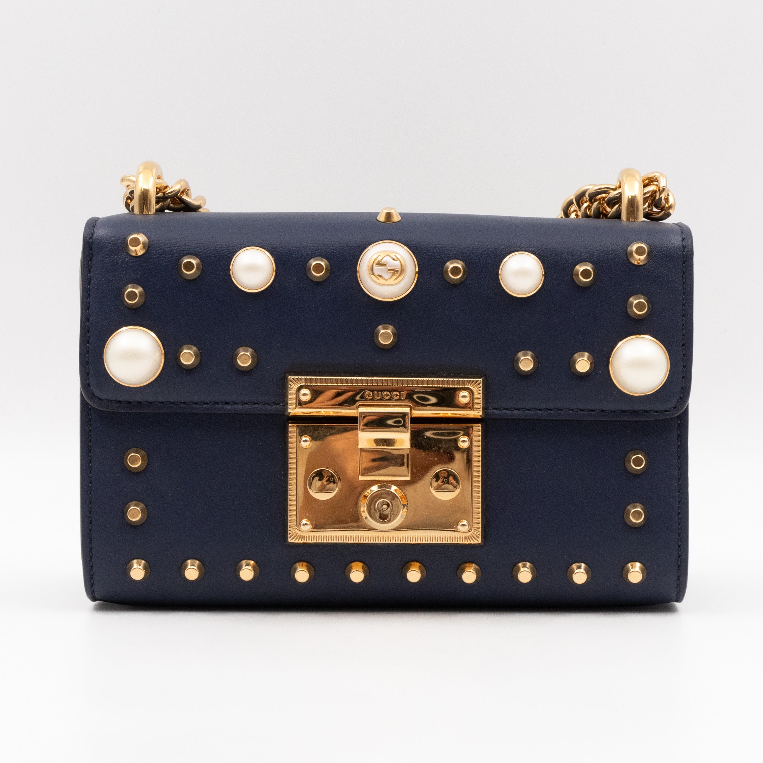 Padlock Small Pearl Studded Navy Blue Leather