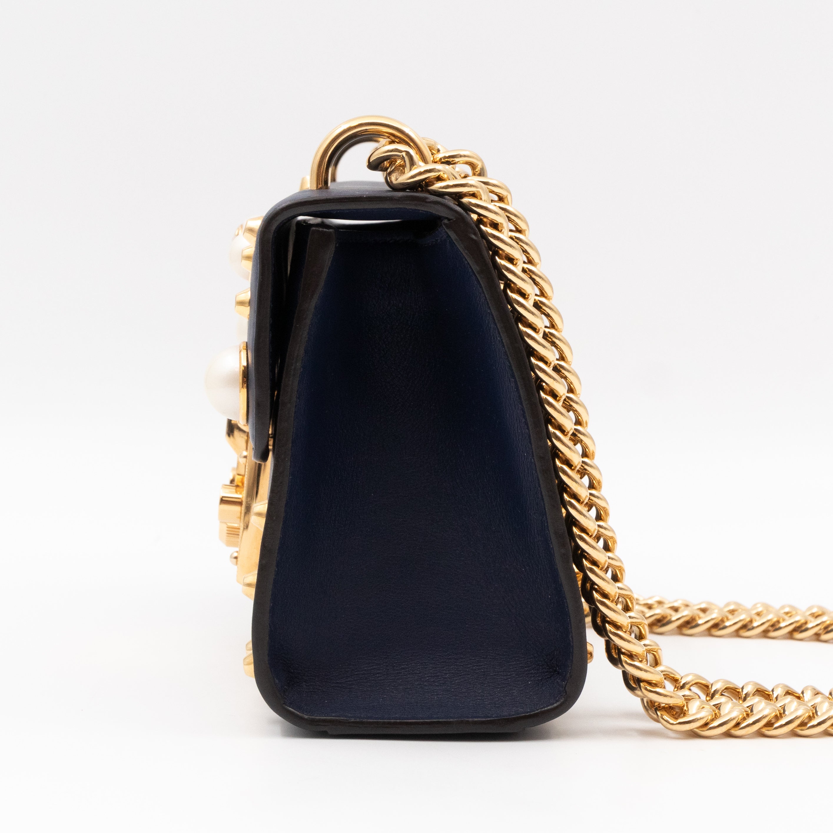 Padlock Small Pearl Studded Navy Blue Leather