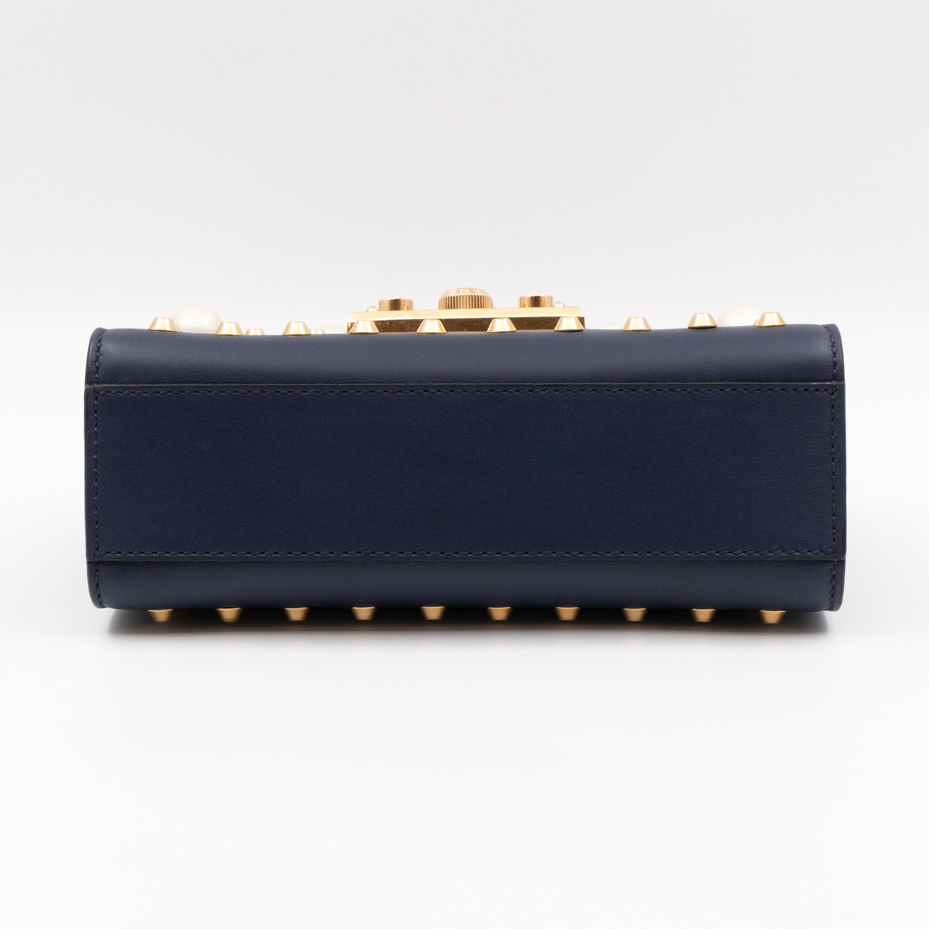 Padlock Small Pearl Studded Navy Blue Leather
