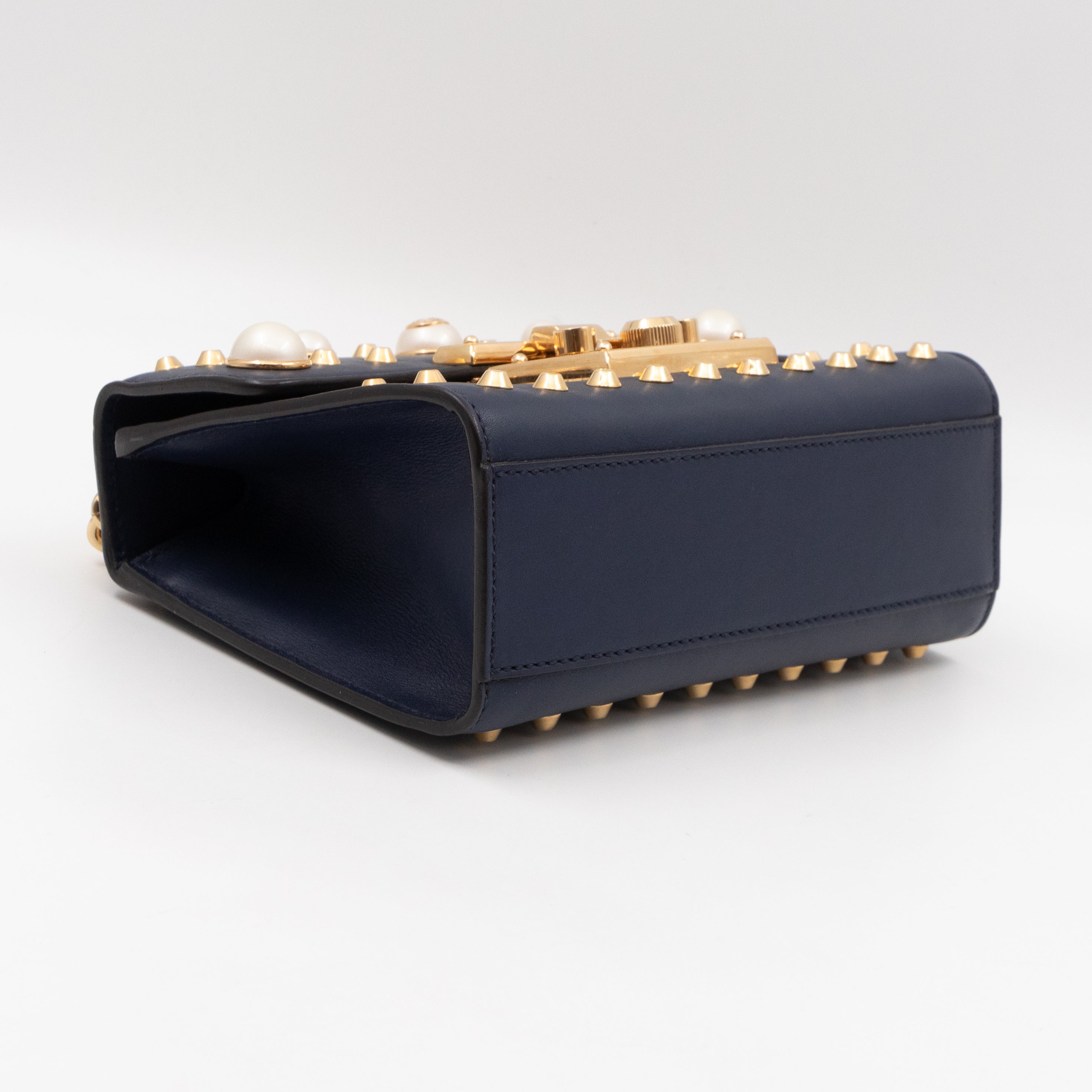 Padlock Small Pearl Studded Navy Blue Leather