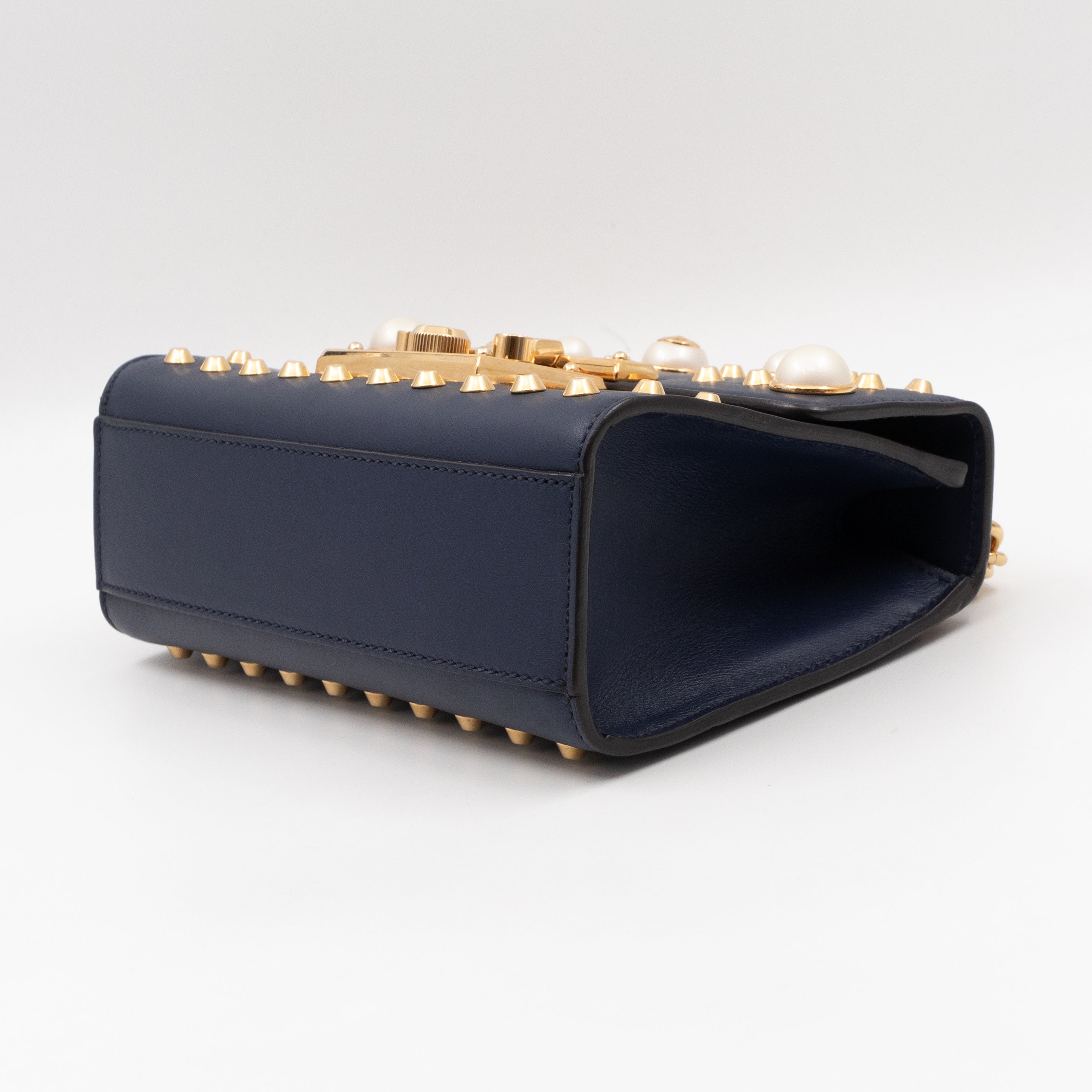 Padlock Small Pearl Studded Navy Blue Leather
