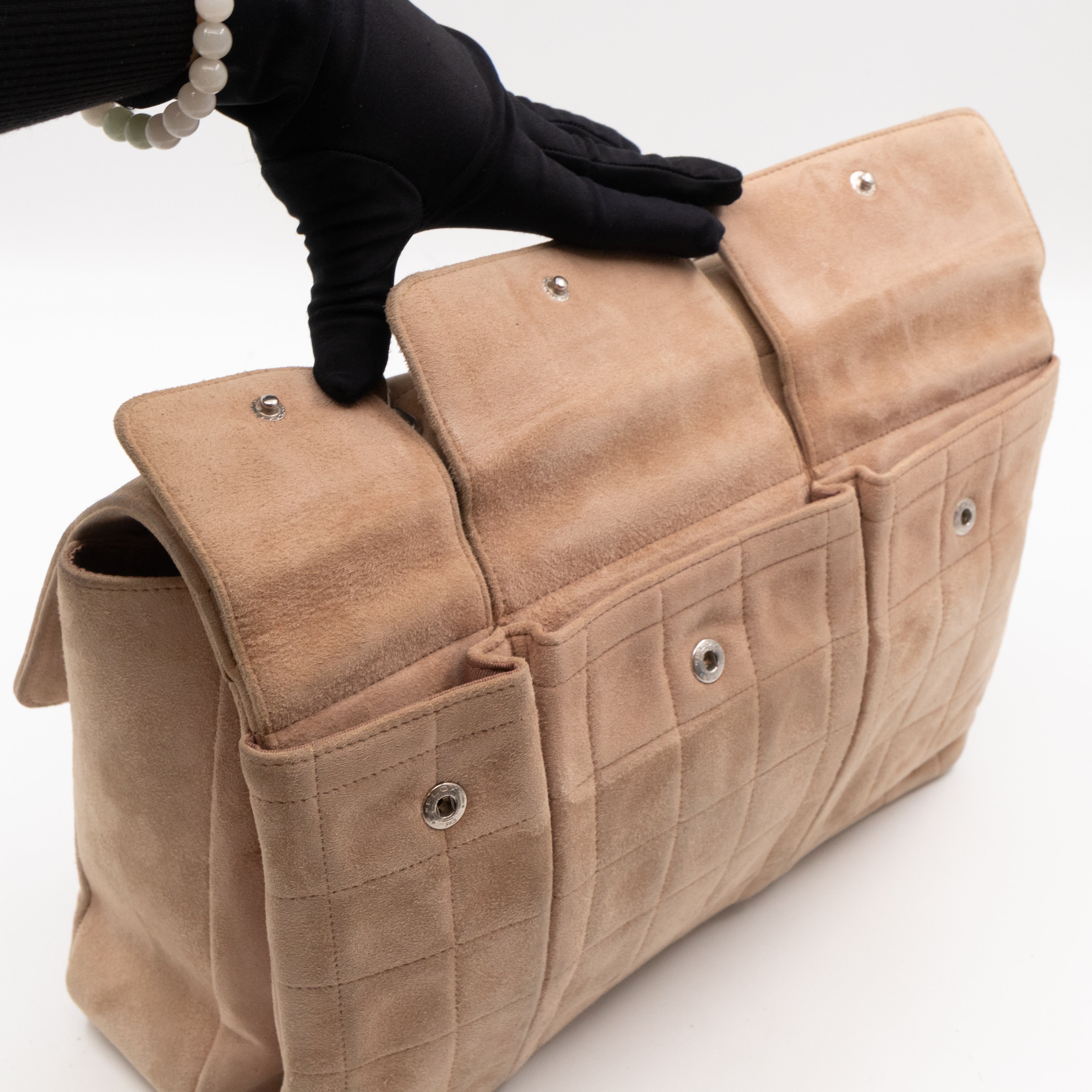 Mademoiselle Flap Shoulder Bag Choco Bar Beige Suede