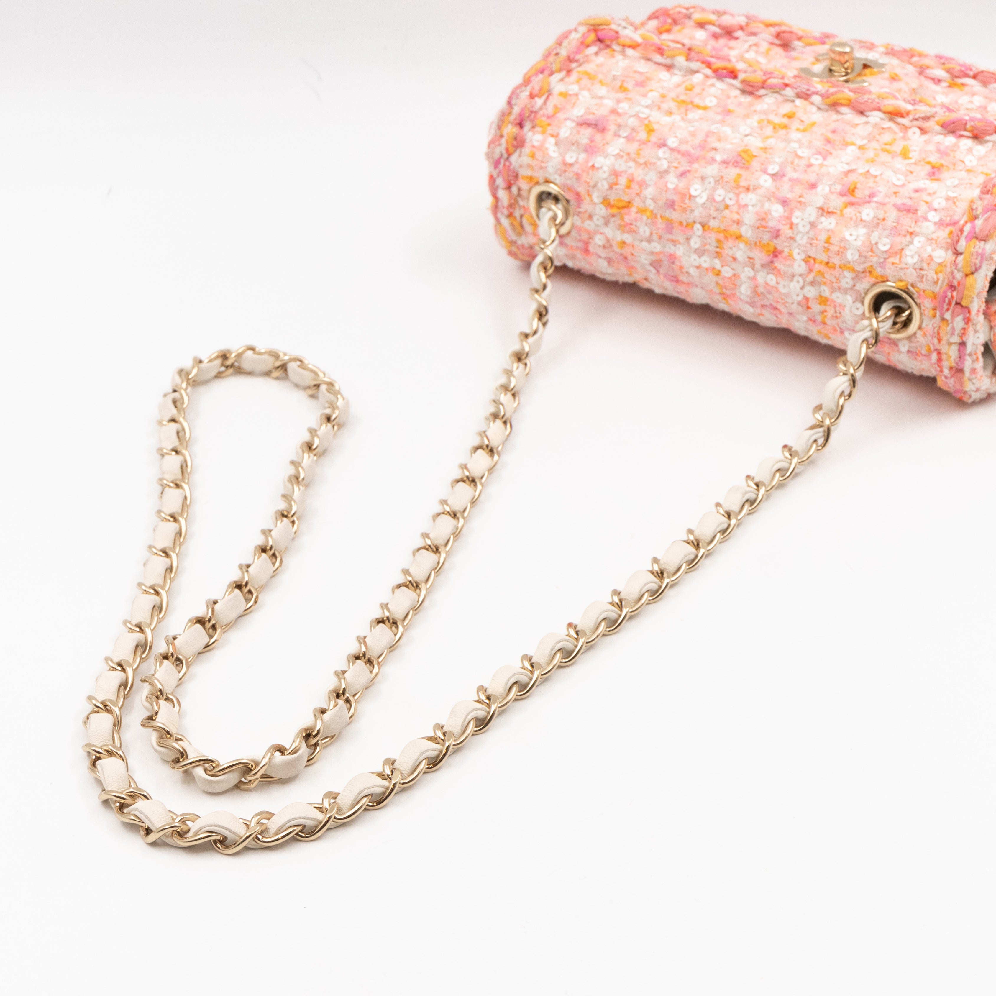 Classic Mini Rectangular Bag Braided Tweed Sequin White Pink