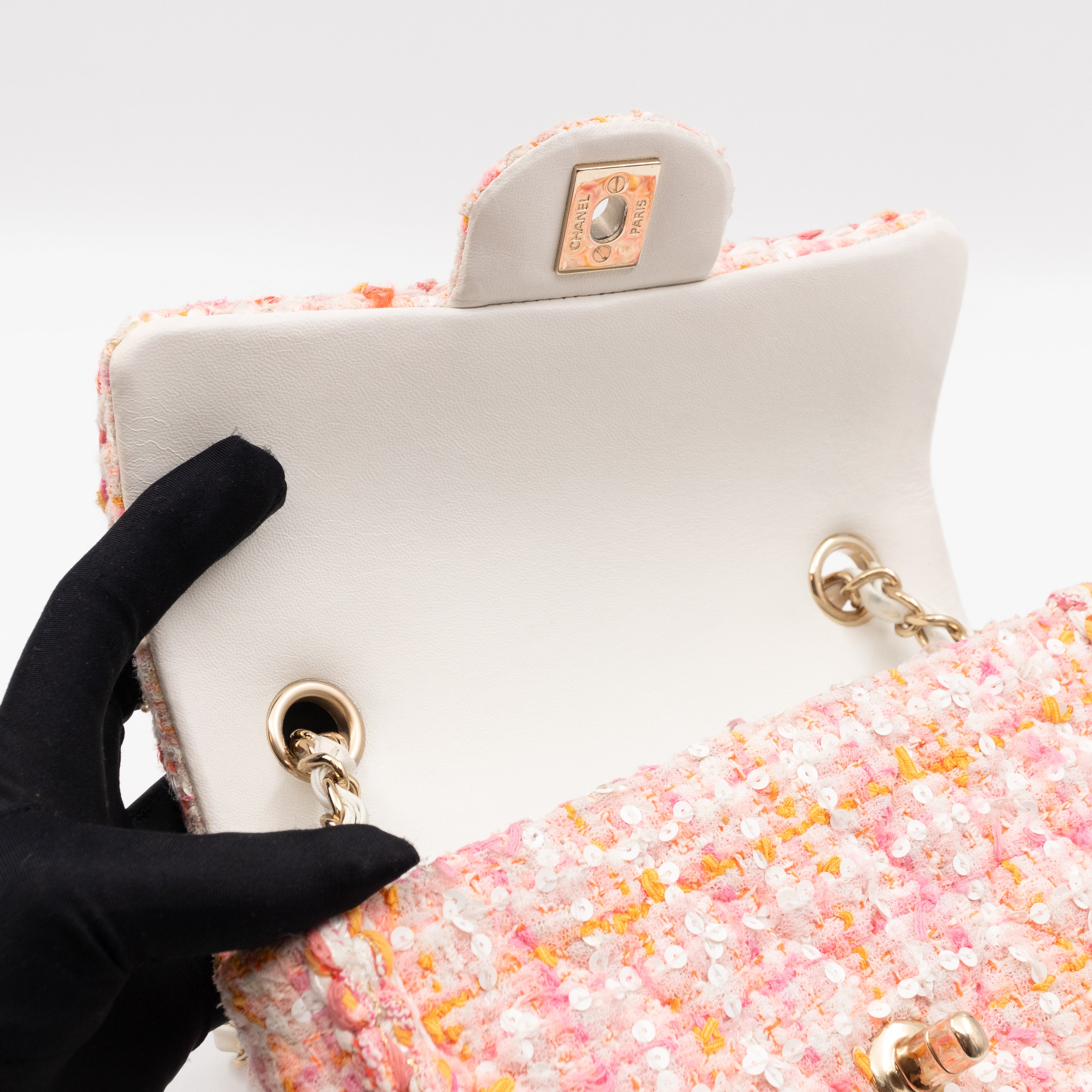 Classic Mini Rectangular Bag Braided Tweed Sequin White Pink