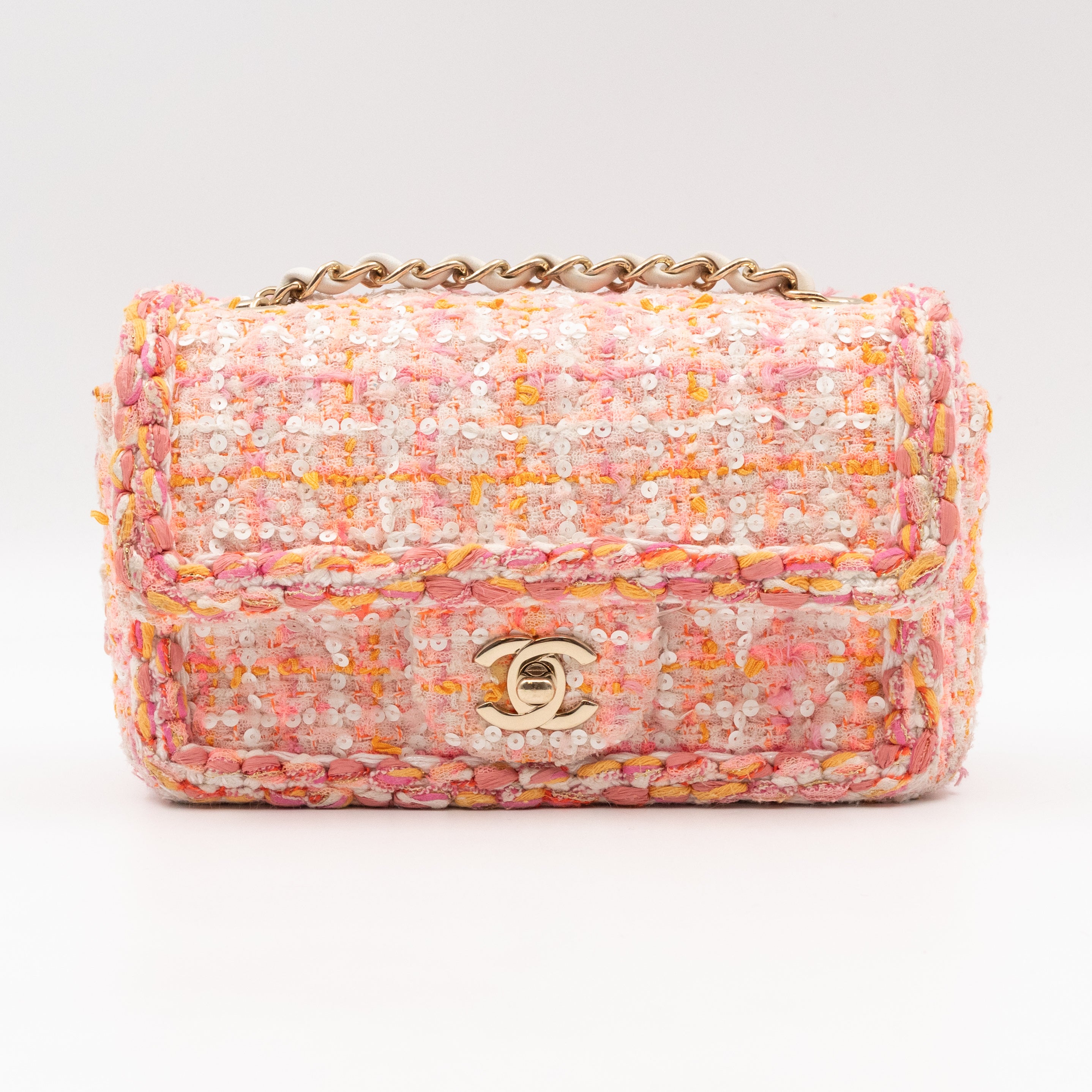 Classic Mini Rectangular Bag Braided Tweed Sequin White Pink