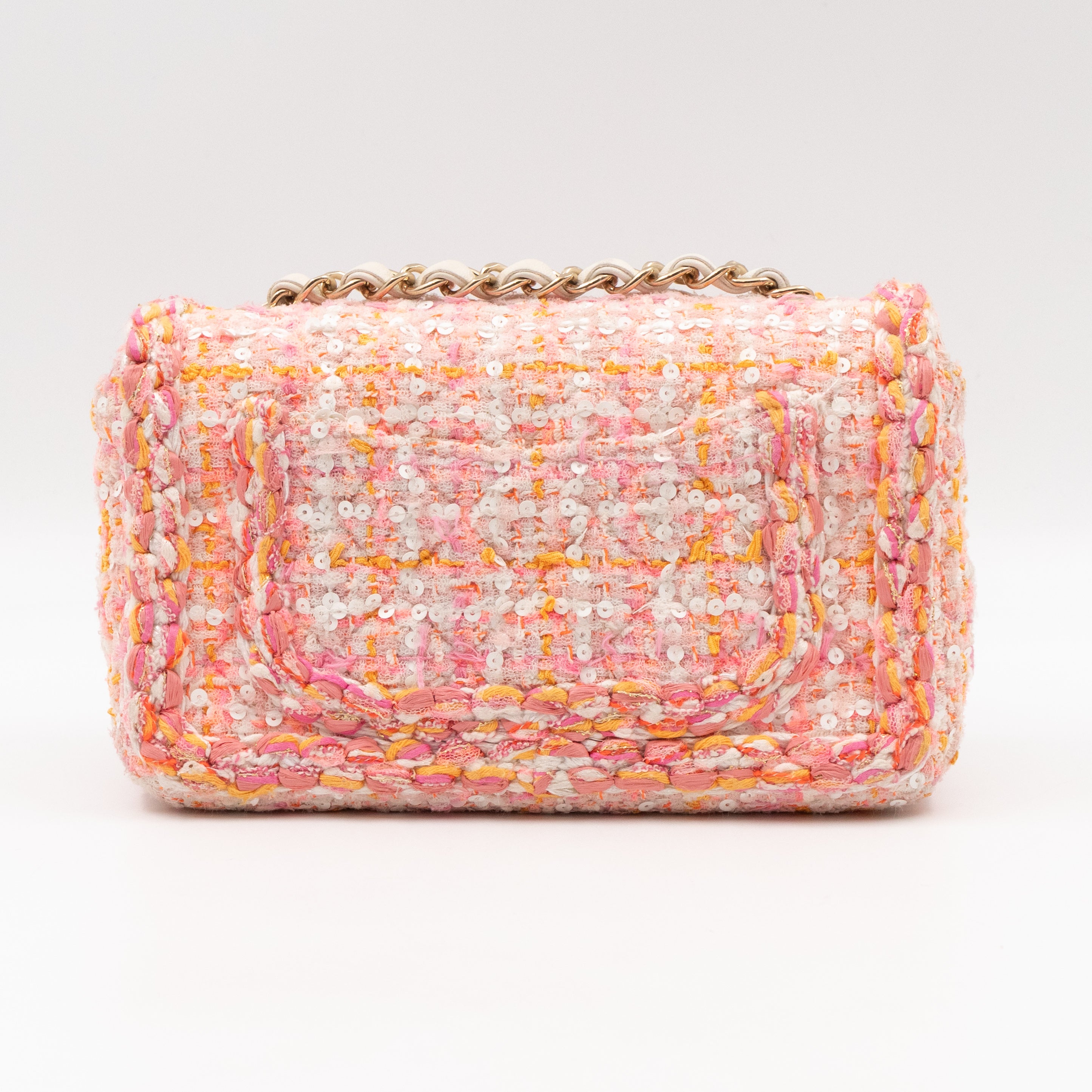 Classic Mini Rectangular Bag Braided Tweed Sequin White Pink