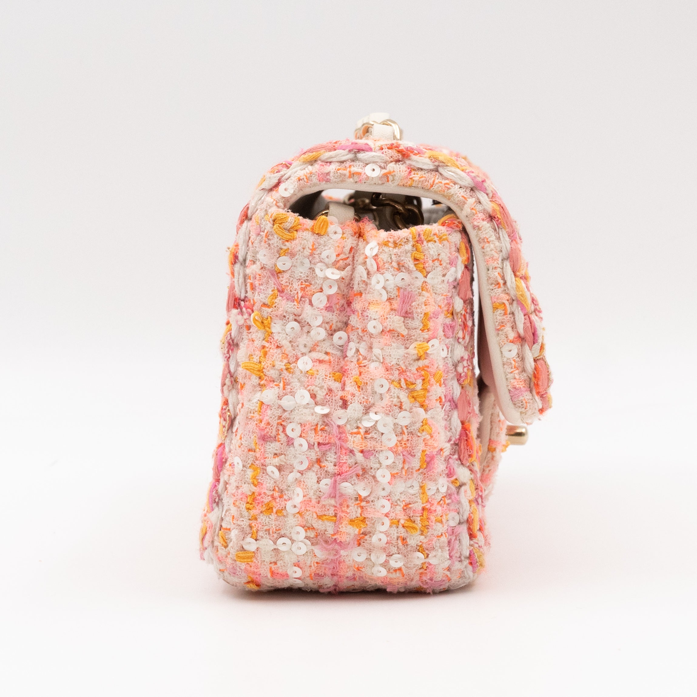 Classic Mini Rectangular Bag Braided Tweed Sequin White Pink