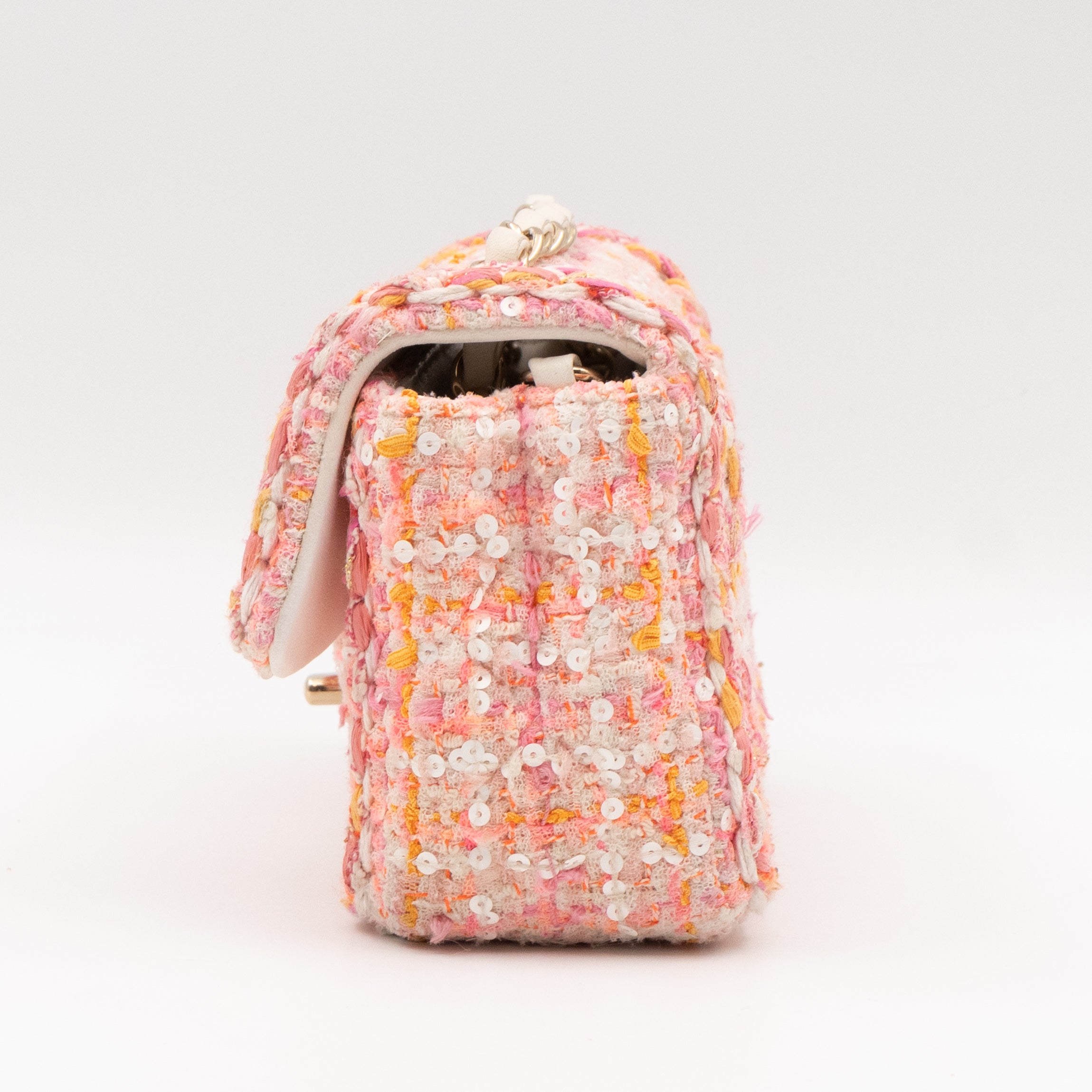 Classic Mini Rectangular Bag Braided Tweed Sequin White Pink