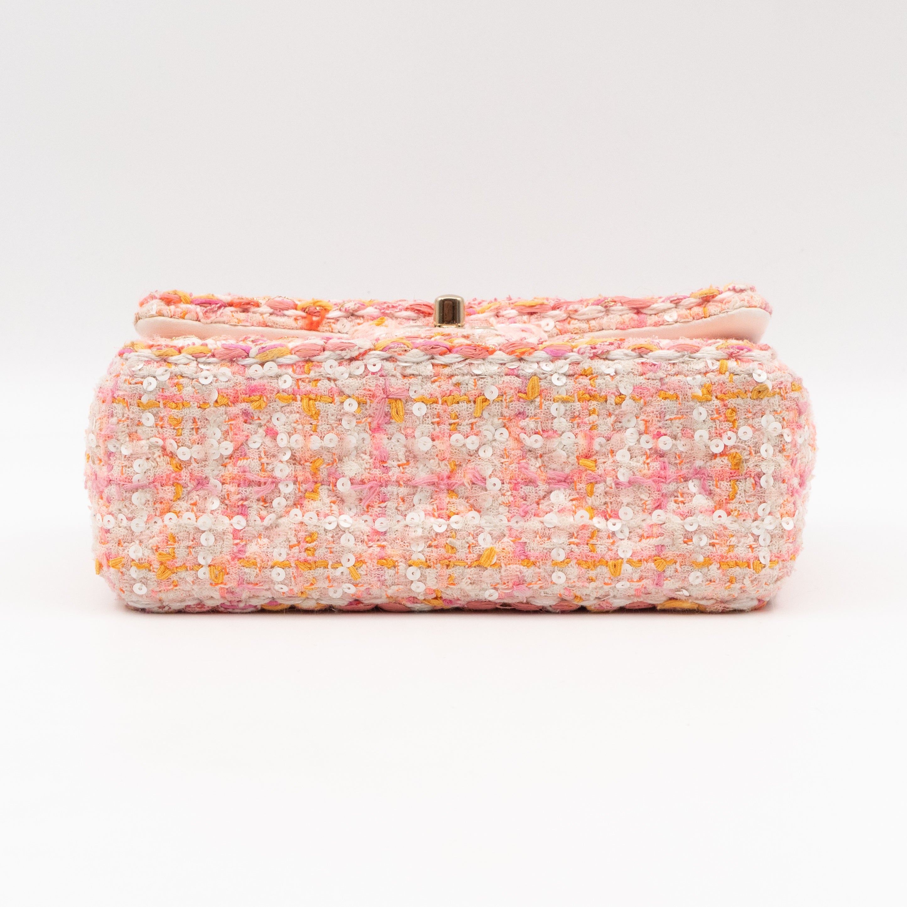 Classic Mini Rectangular Bag Braided Tweed Sequin White Pink