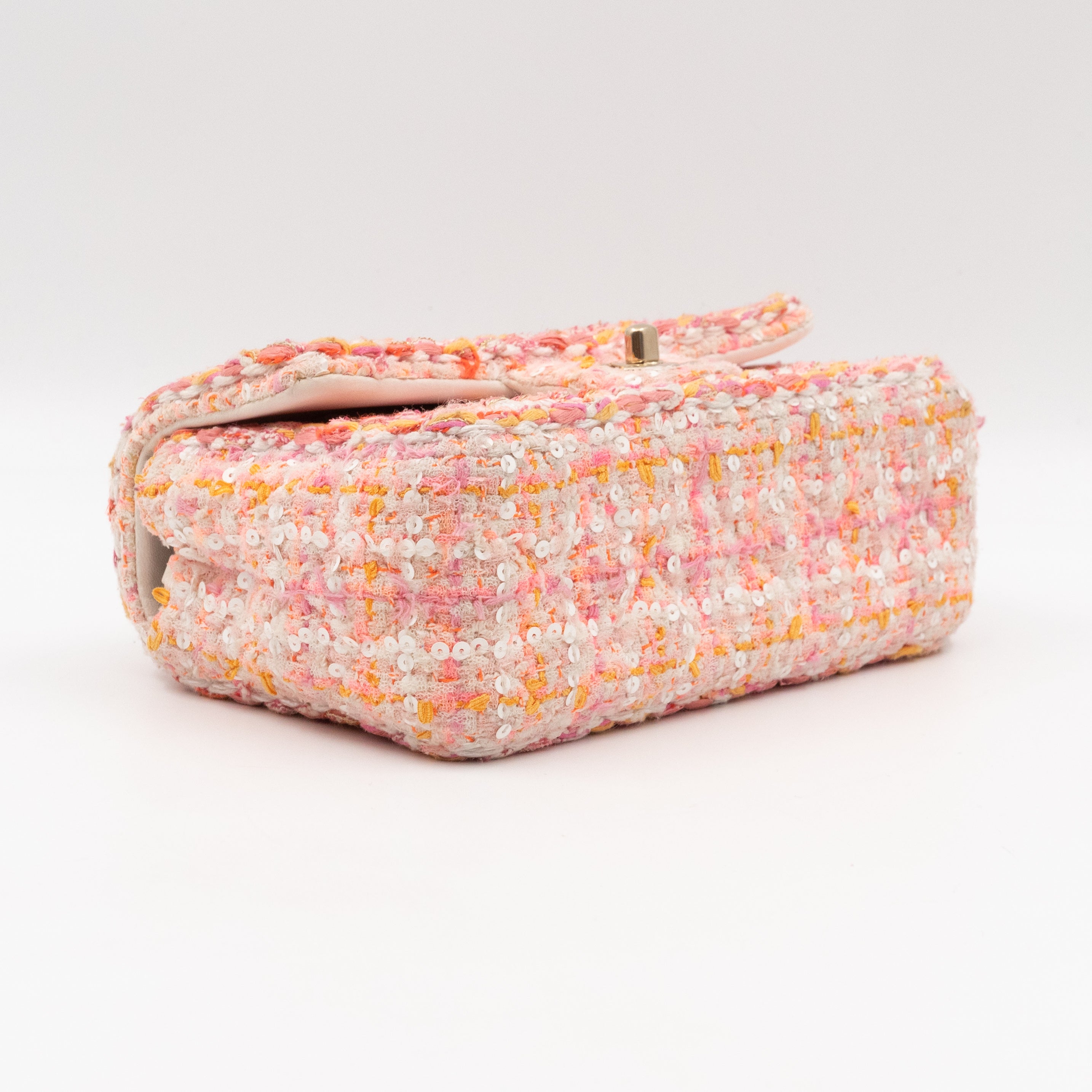 Classic Mini Rectangular Bag Braided Tweed Sequin White Pink