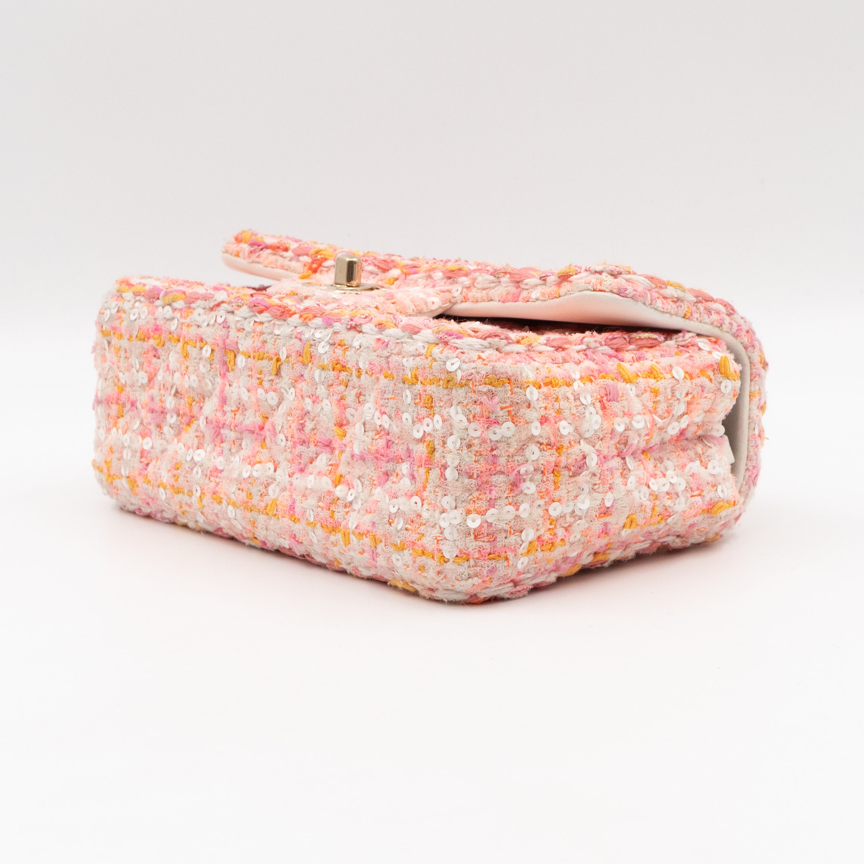 Classic Mini Rectangular Bag Braided Tweed Sequin White Pink