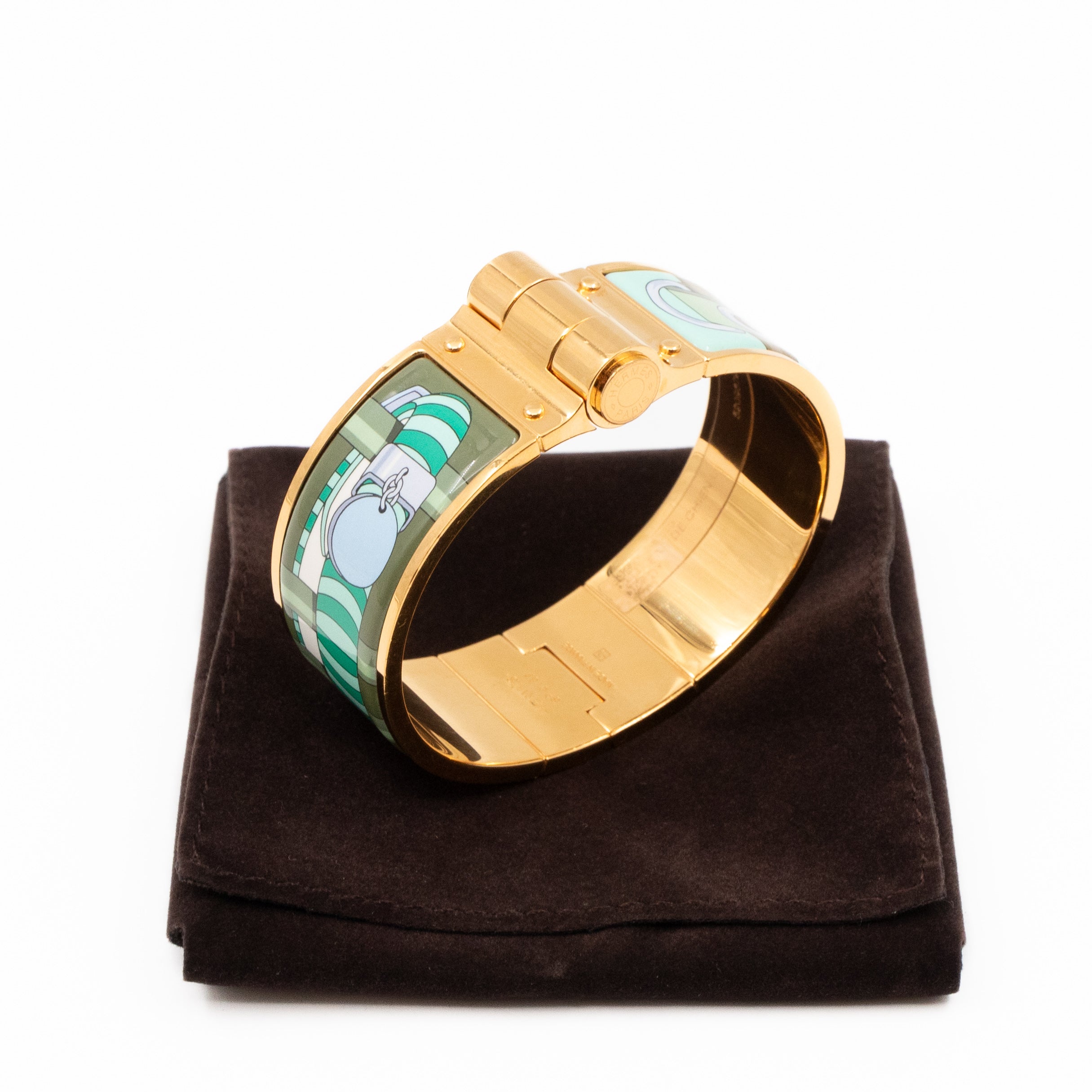 Enamel Hinged Bracelet Wide Green Gold
