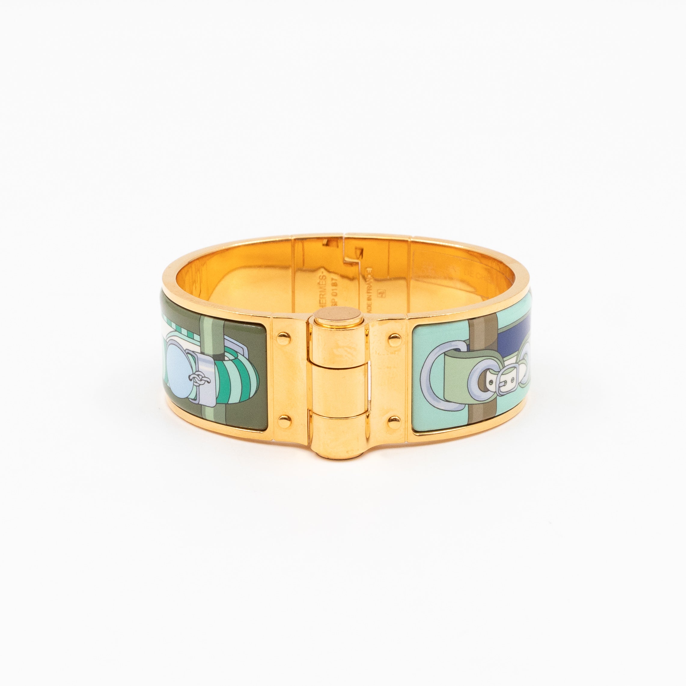 Enamel Hinged Bracelet Wide Green Gold