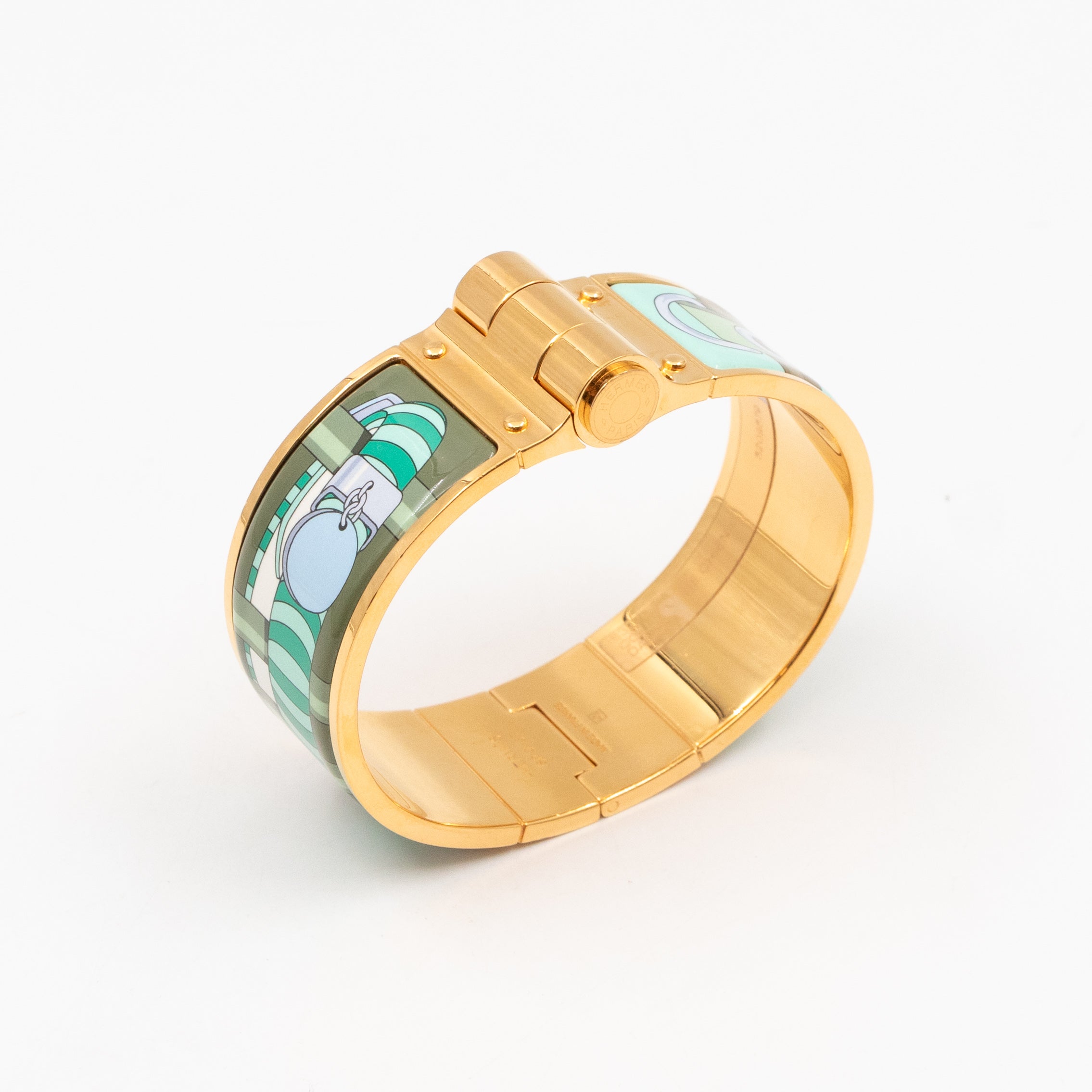Enamel Hinged Bracelet Wide Green Gold