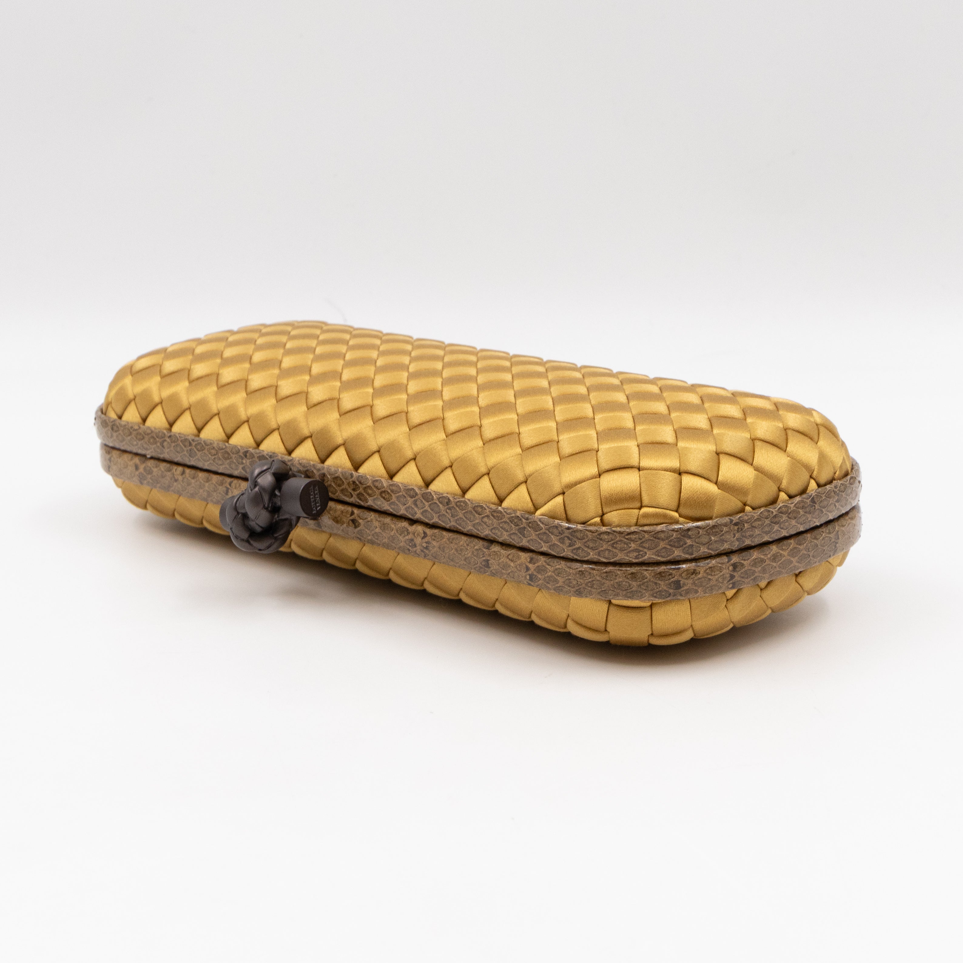 Knot Clutch Long Gold Satin Intrecciato Python Edge