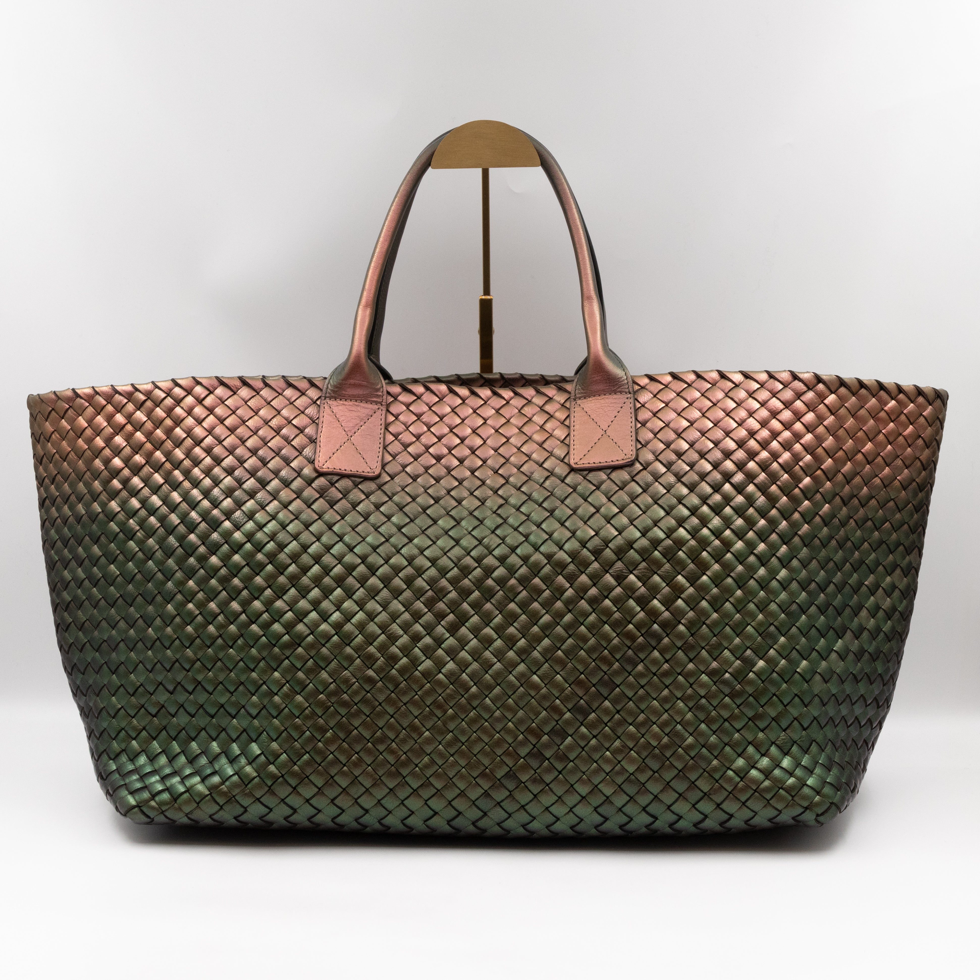 Large Cabat Tote Iridescent Scarabee Green & Bronze Intrecciato Leather