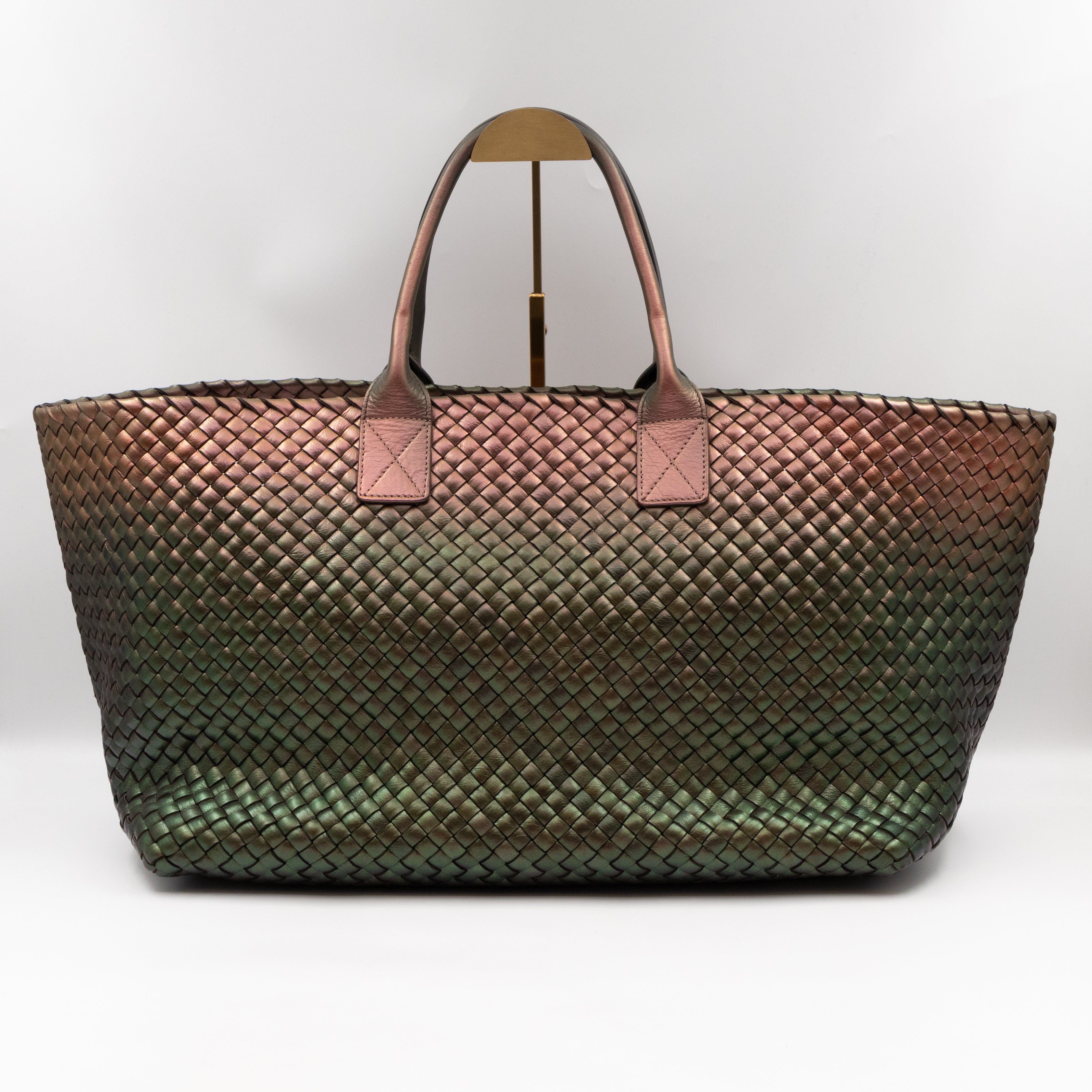 Large Cabat Tote Iridescent Scarabee Green & Bronze Intrecciato Leather