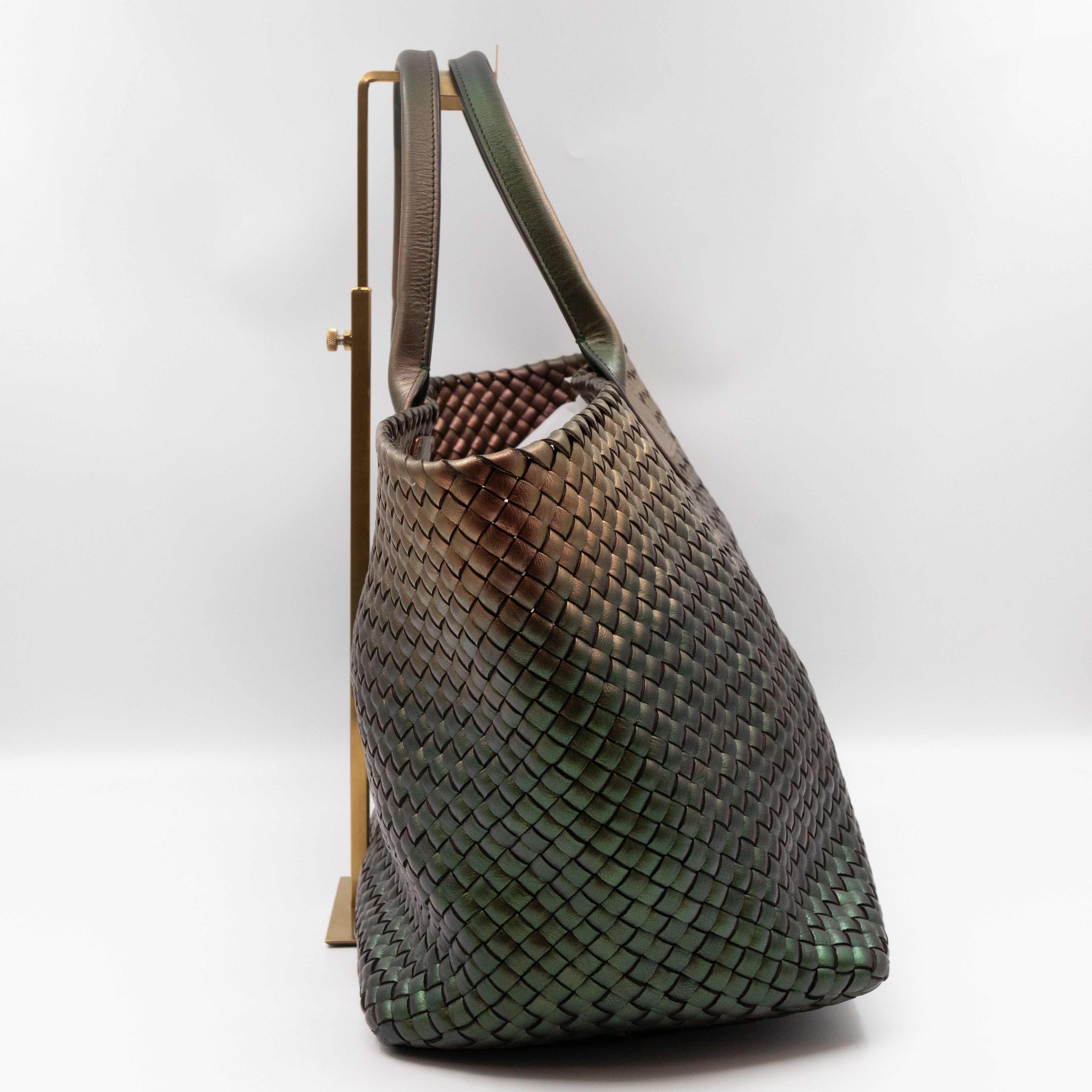 Large Cabat Tote Iridescent Scarabee Green & Bronze Intrecciato Leather