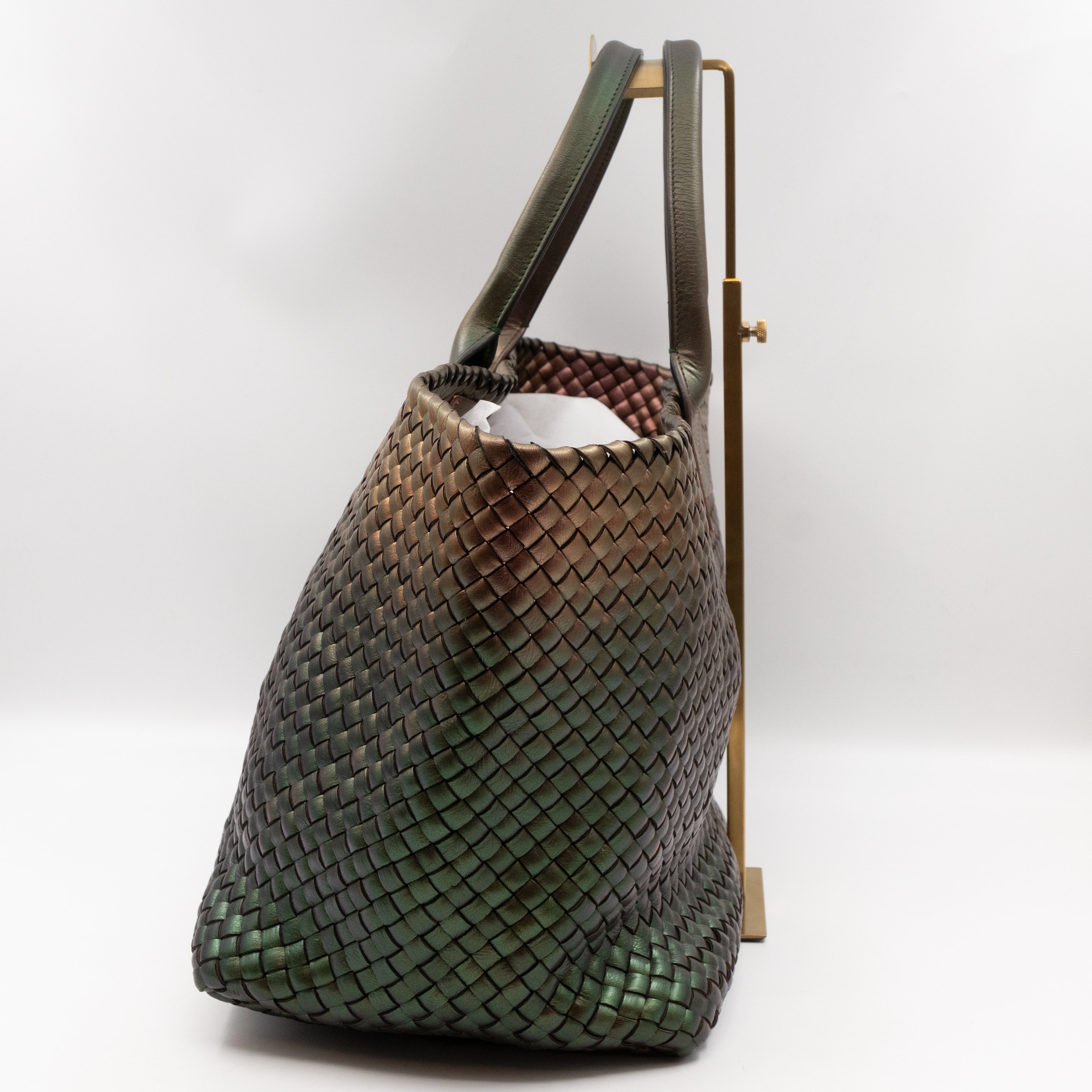 Large Cabat Tote Iridescent Scarabee Green & Bronze Intrecciato Leather