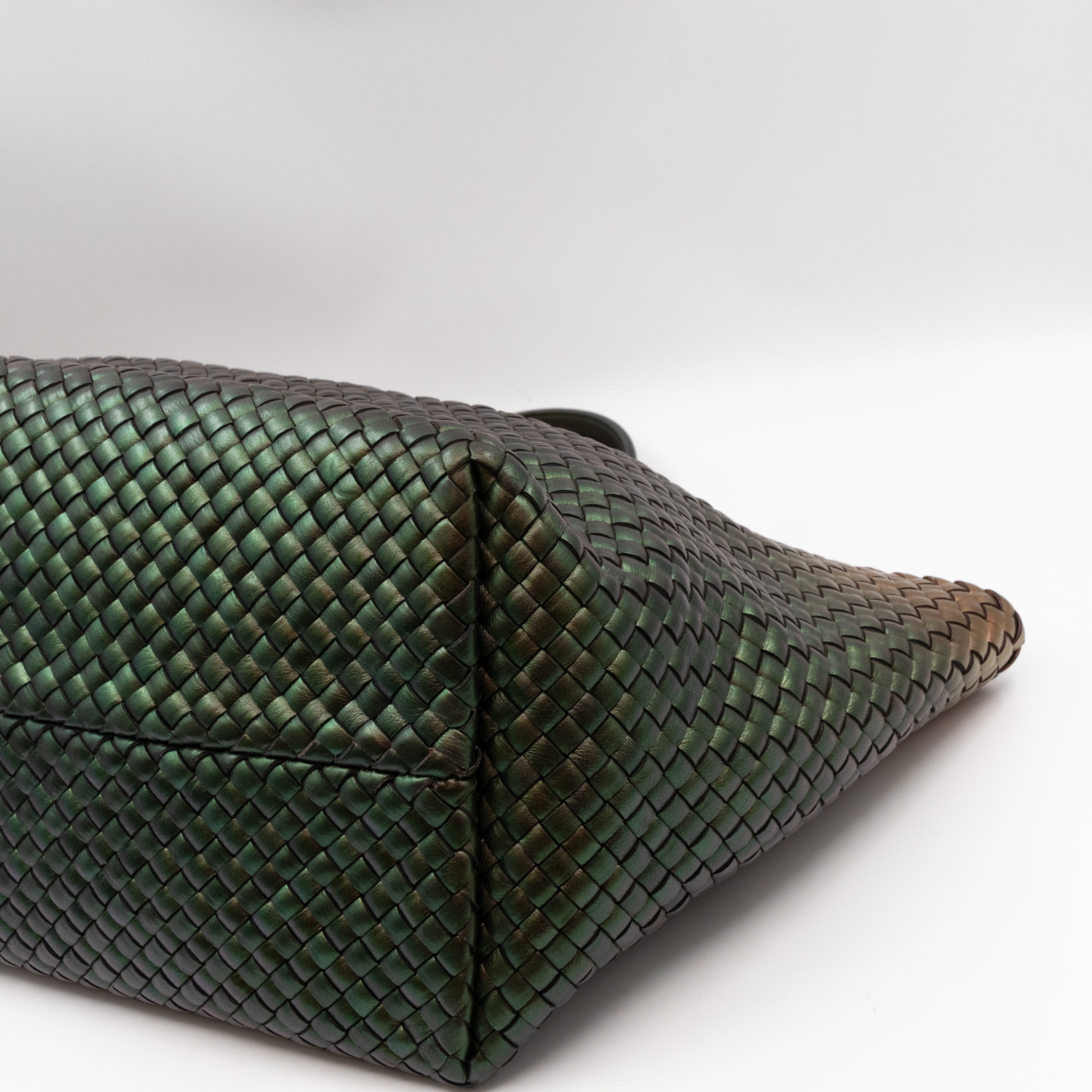 Large Cabat Tote Iridescent Scarabee Green & Bronze Intrecciato Leather