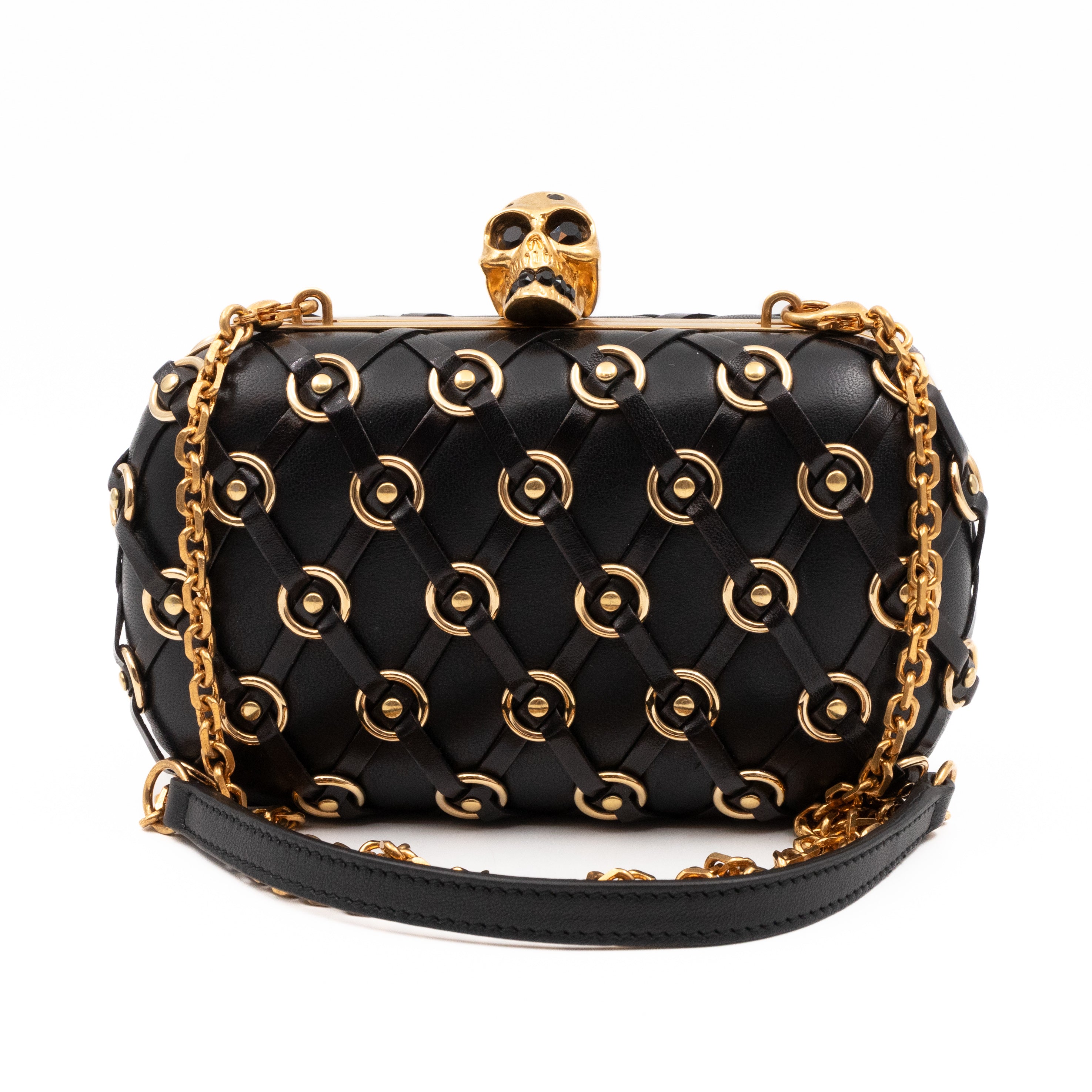 Skull Clutch with Chain Grommet Black Lattice Weave Leather
