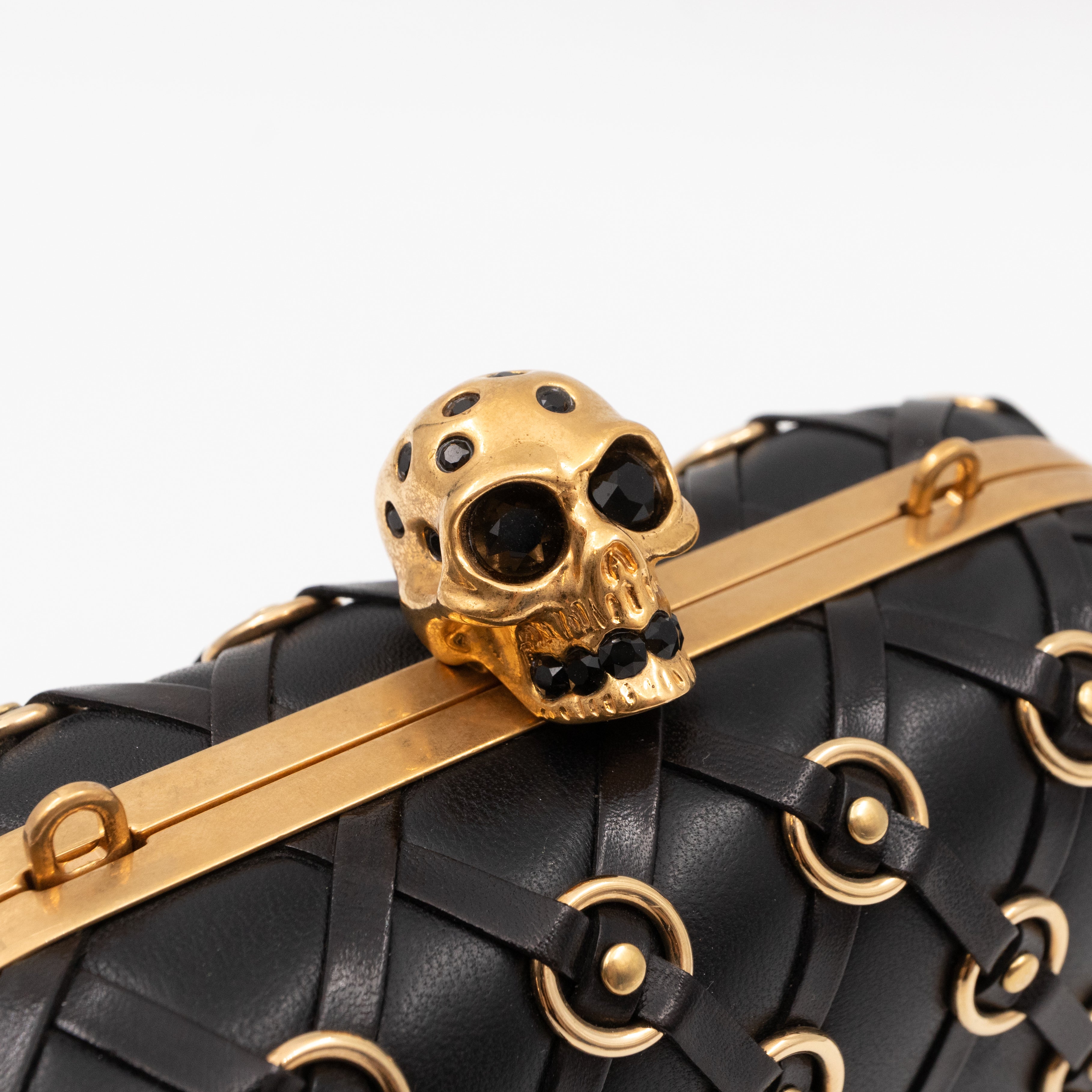 Skull Clutch with Chain Grommet Black Lattice Weave Leather