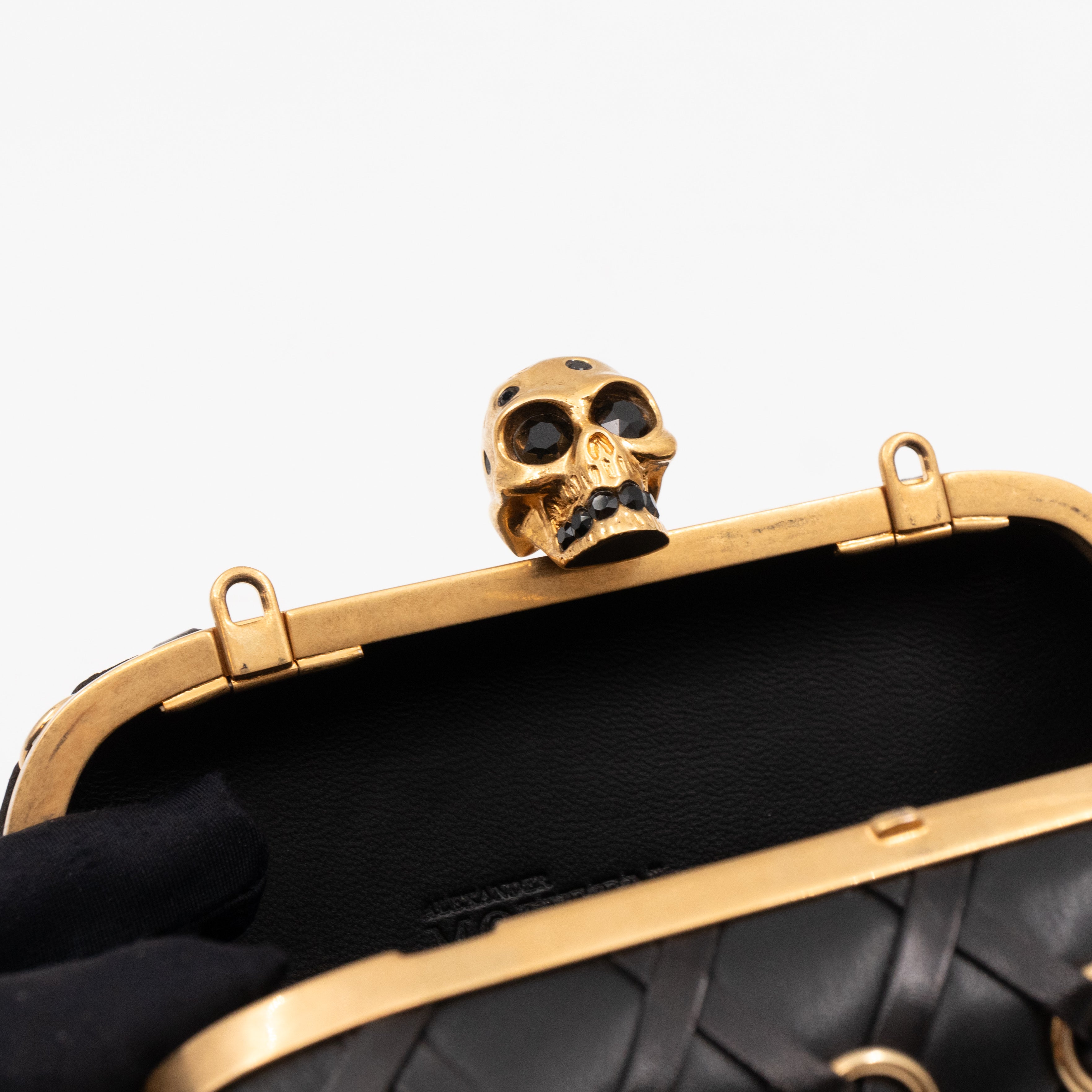 Skull Clutch with Chain Grommet Black Lattice Weave Leather