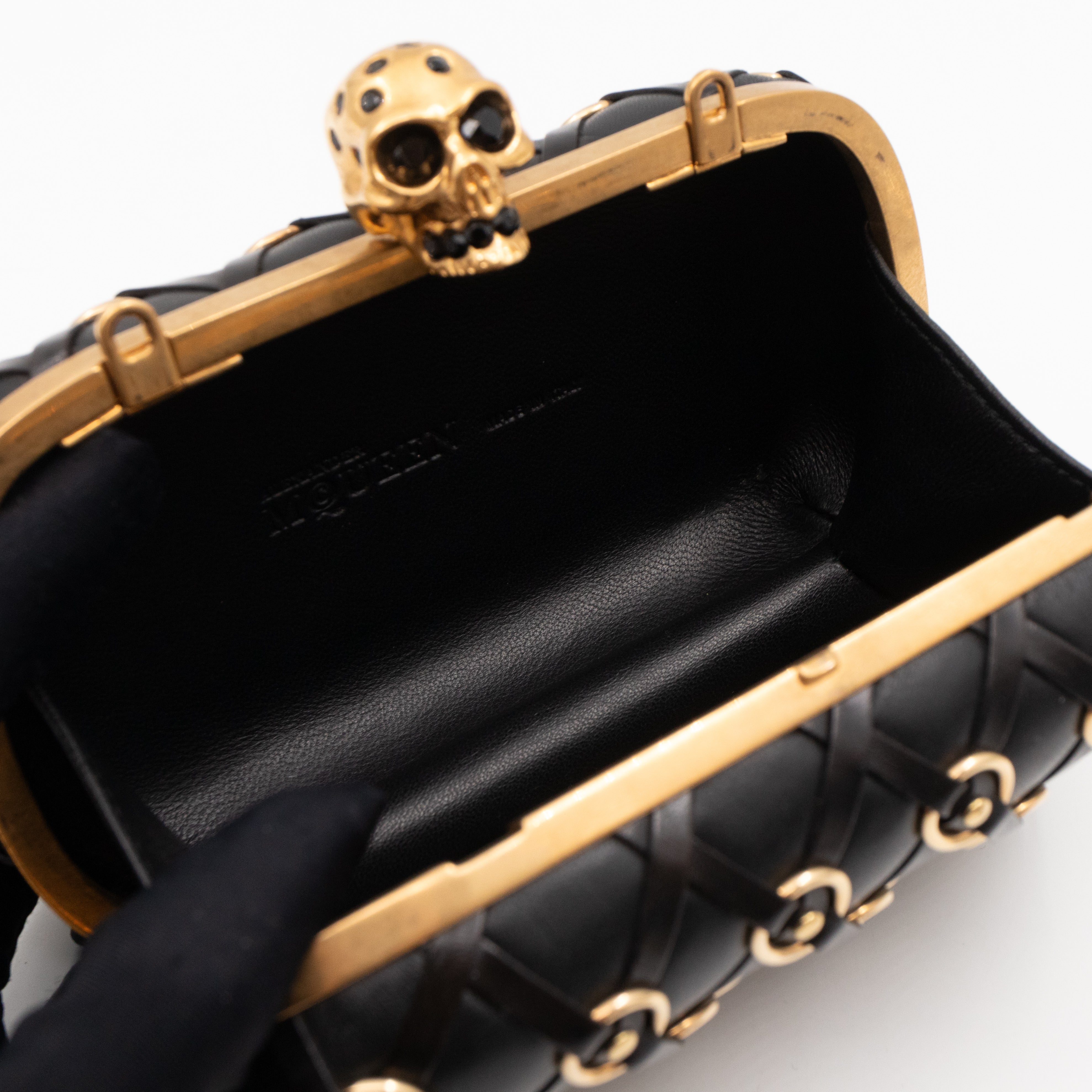 Skull Clutch with Chain Grommet Black Lattice Weave Leather