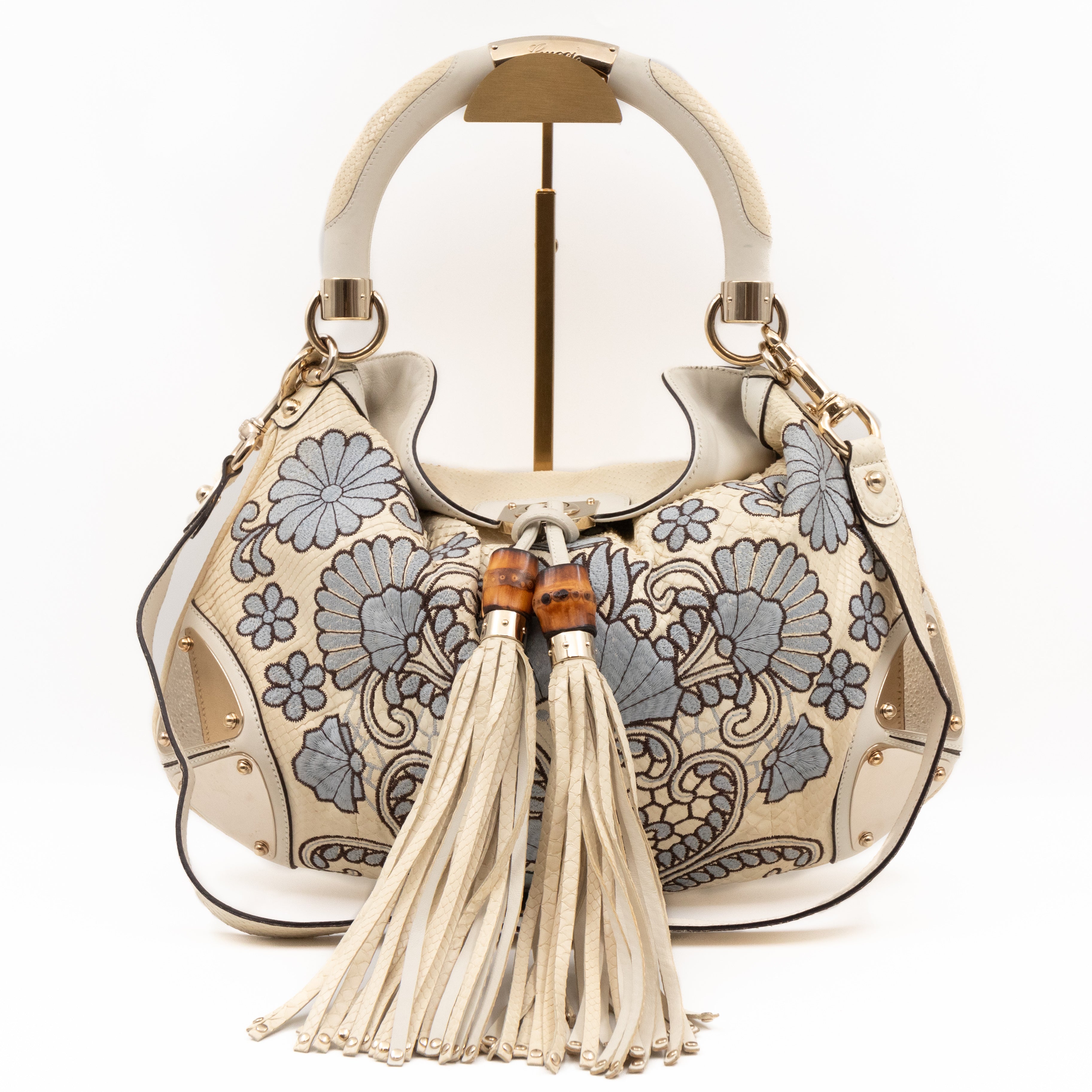 Indy Top Handle Bag Embroidered White Python Leather