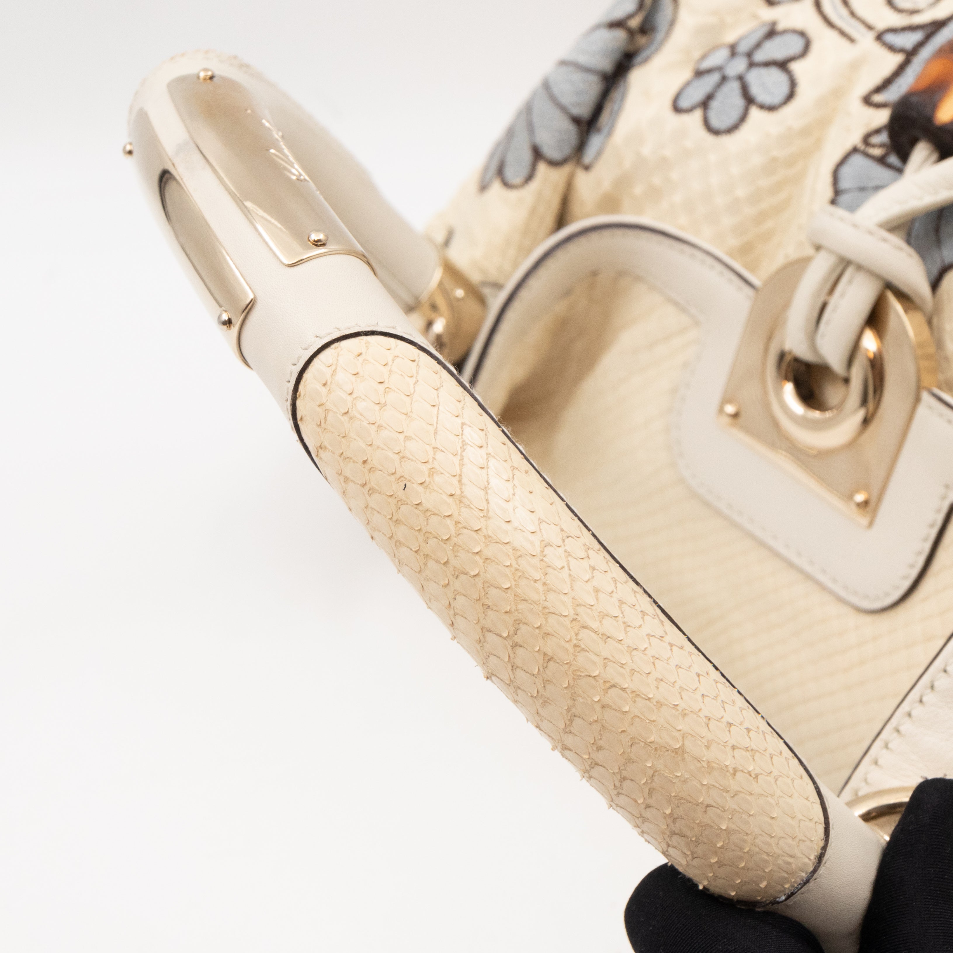 Indy Top Handle Bag Embroidered White Python Leather