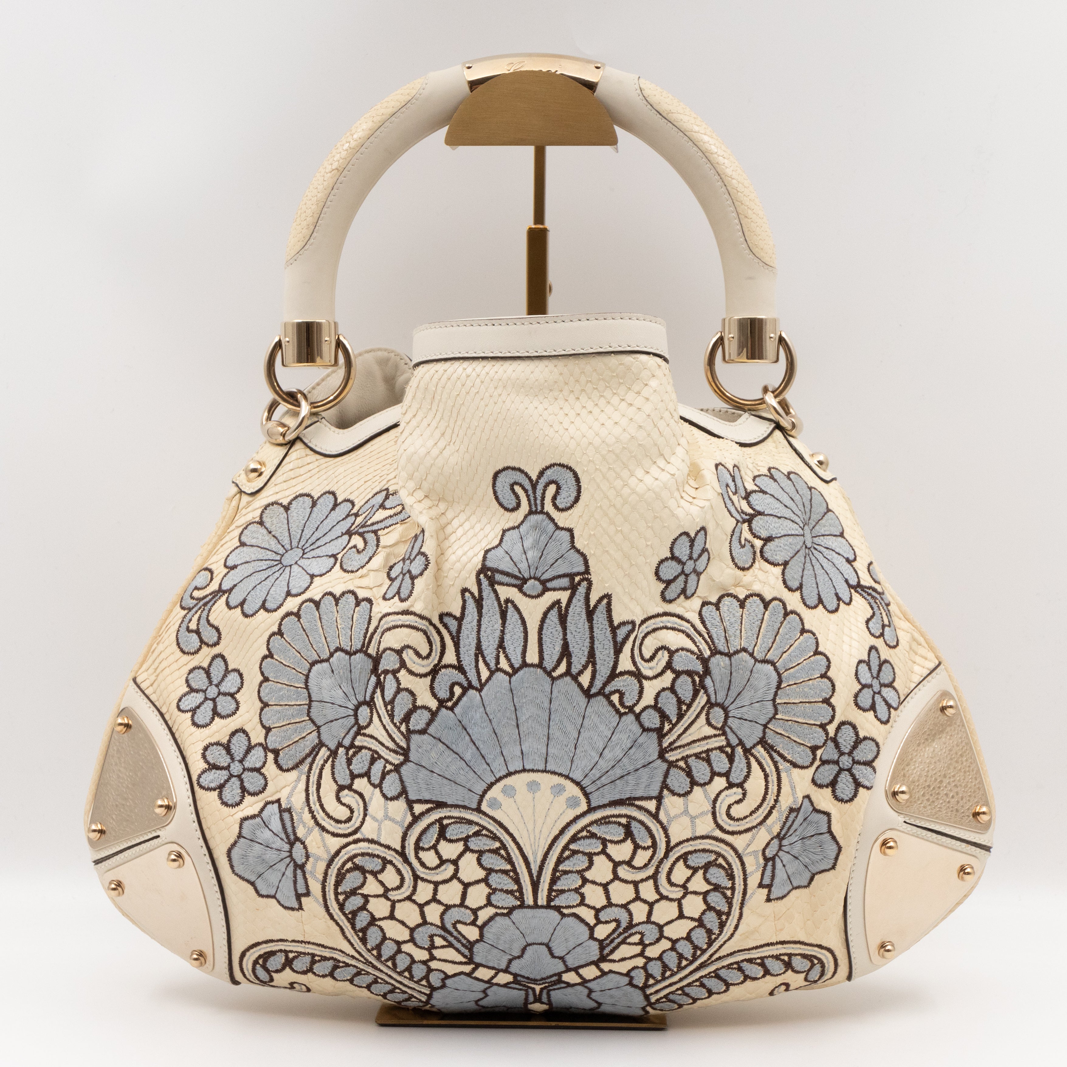 Indy Top Handle Bag Embroidered White Python Leather