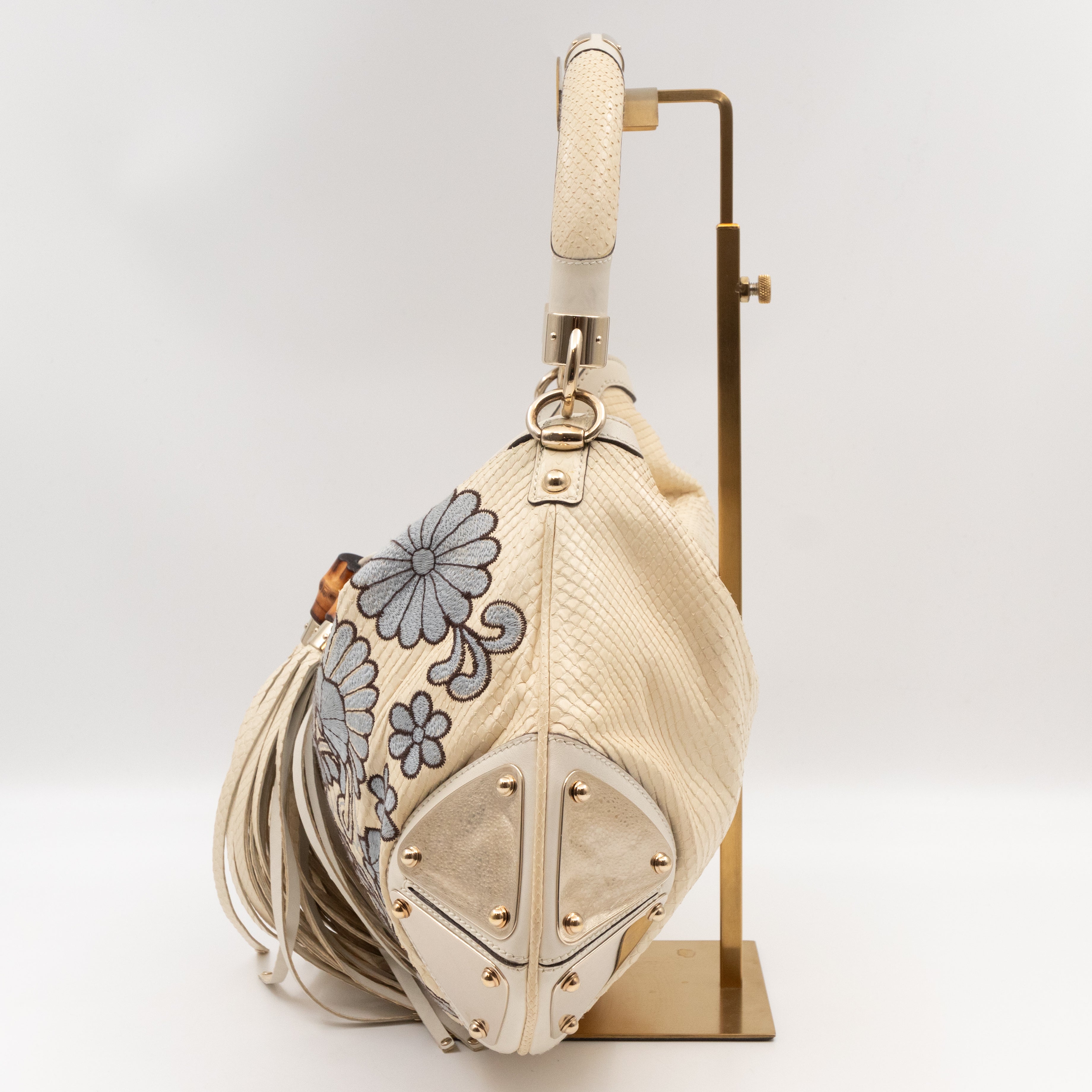 Indy Top Handle Bag Embroidered White Python Leather