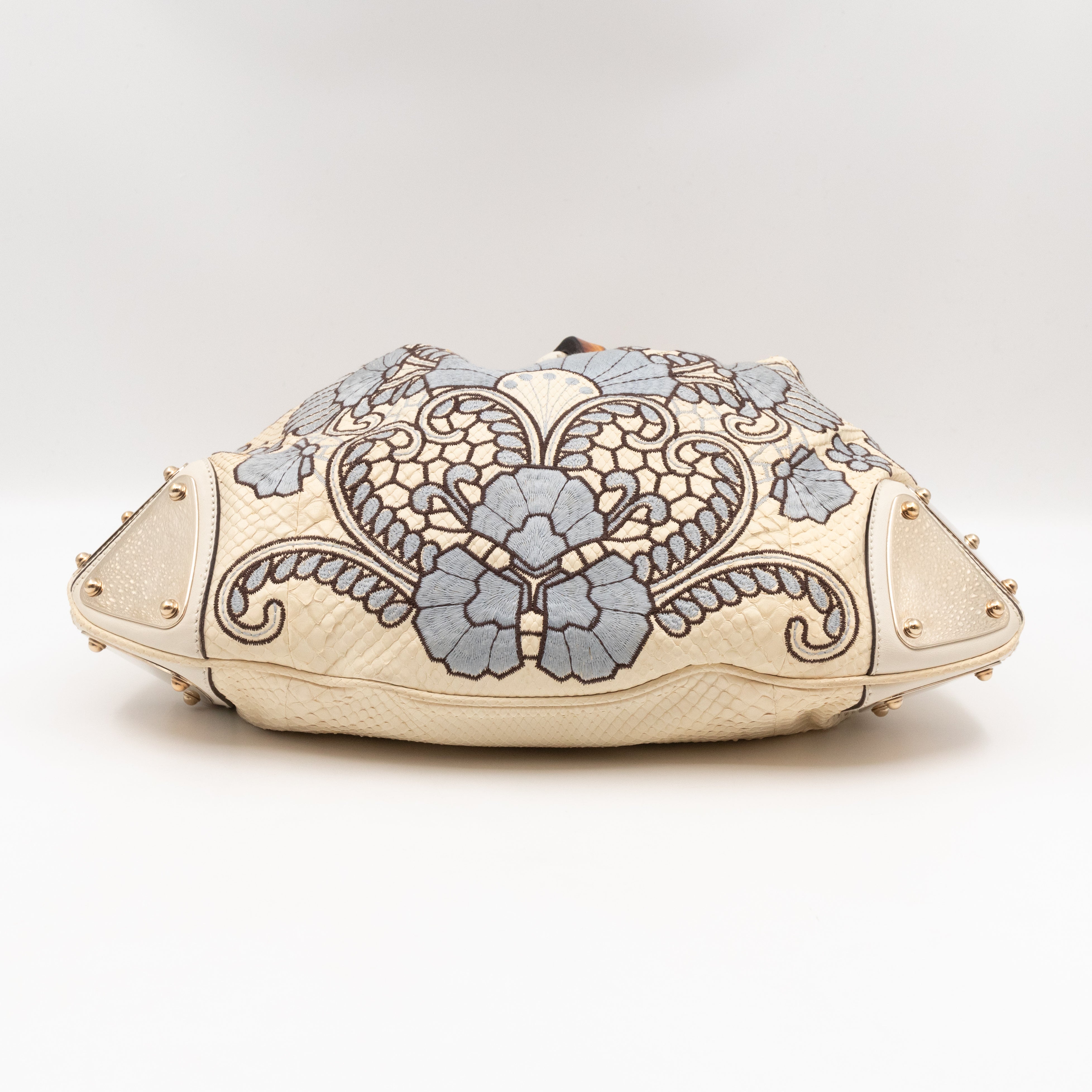 Indy Top Handle Bag Embroidered White Python Leather