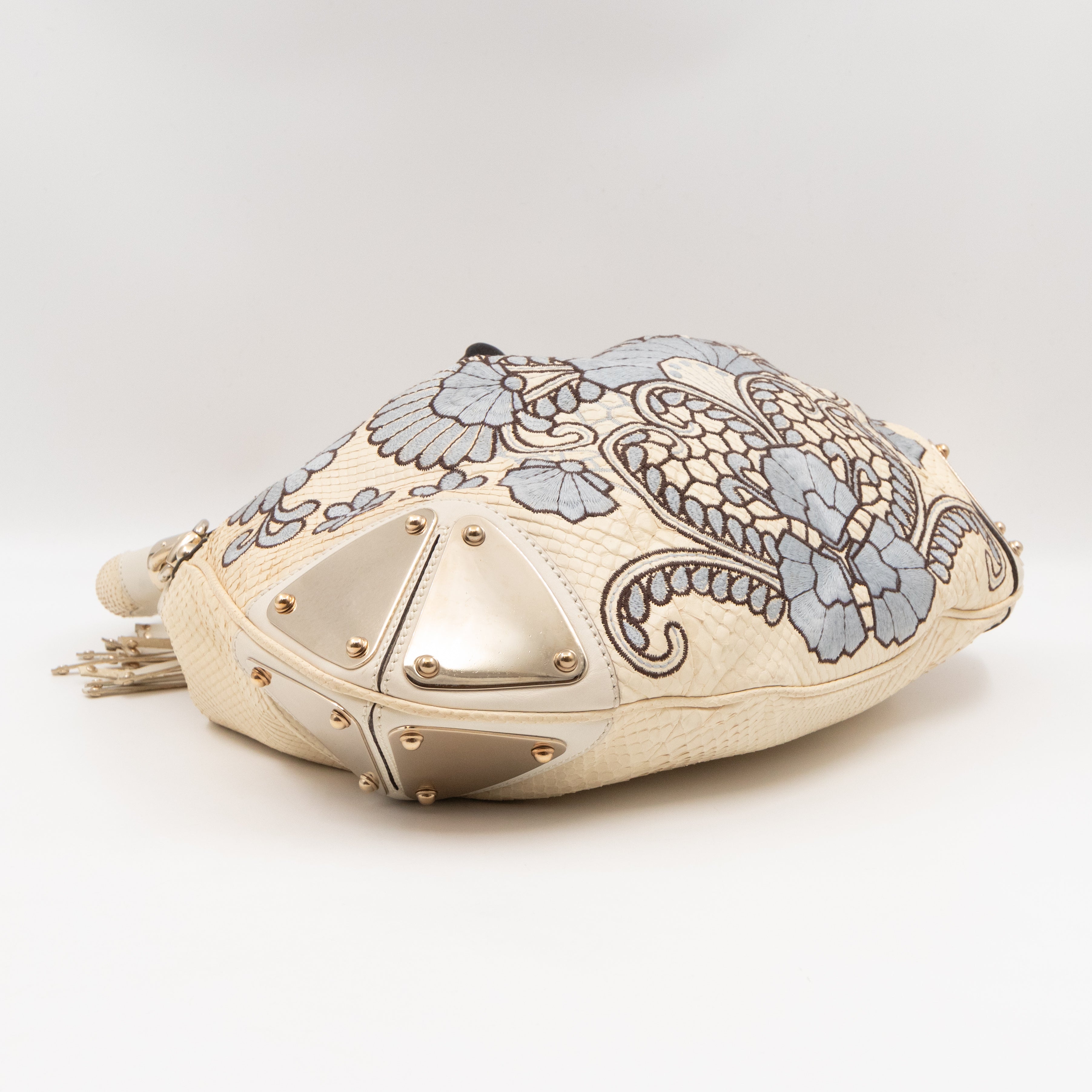 Indy Top Handle Bag Embroidered White Python Leather