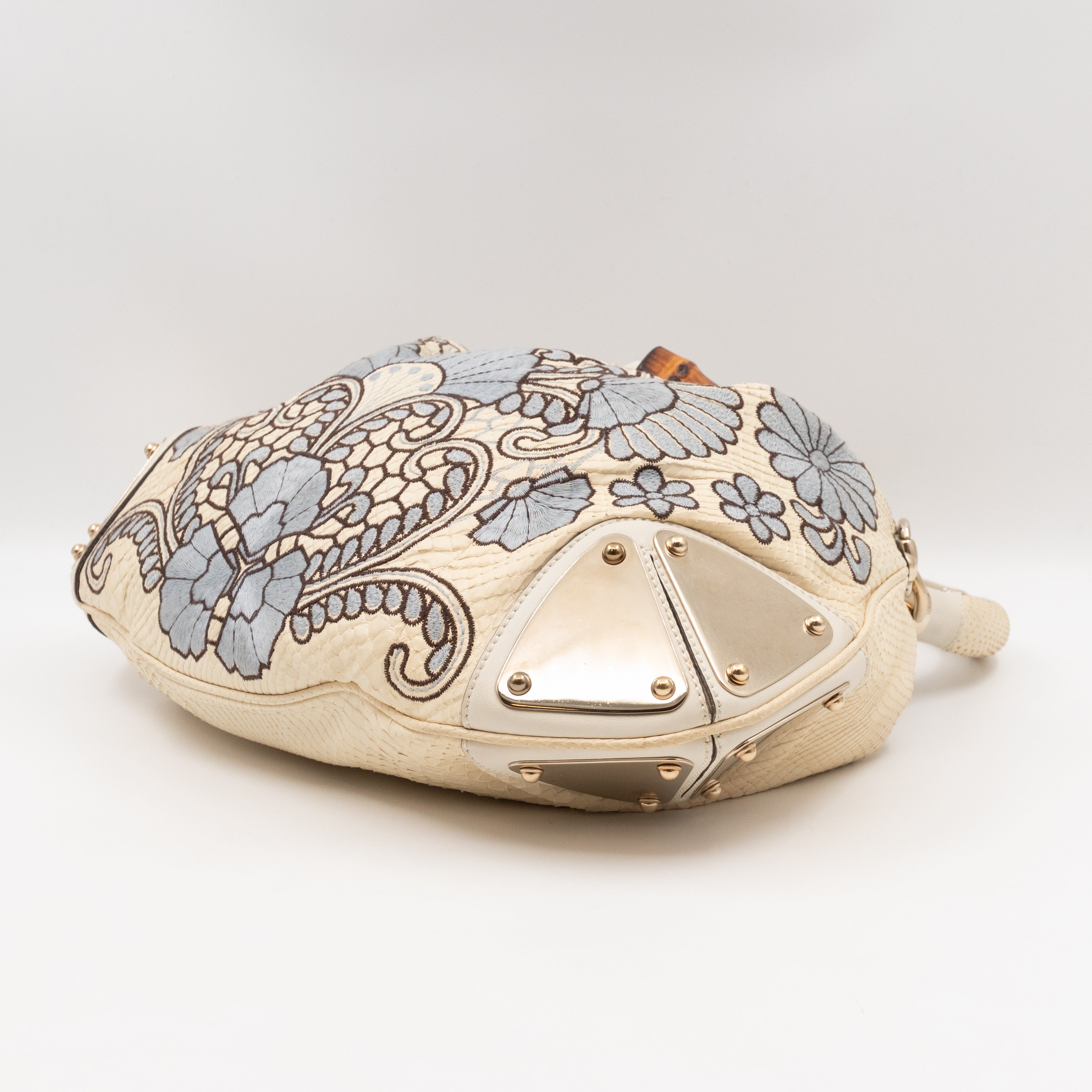 Indy Top Handle Bag Embroidered White Python Leather