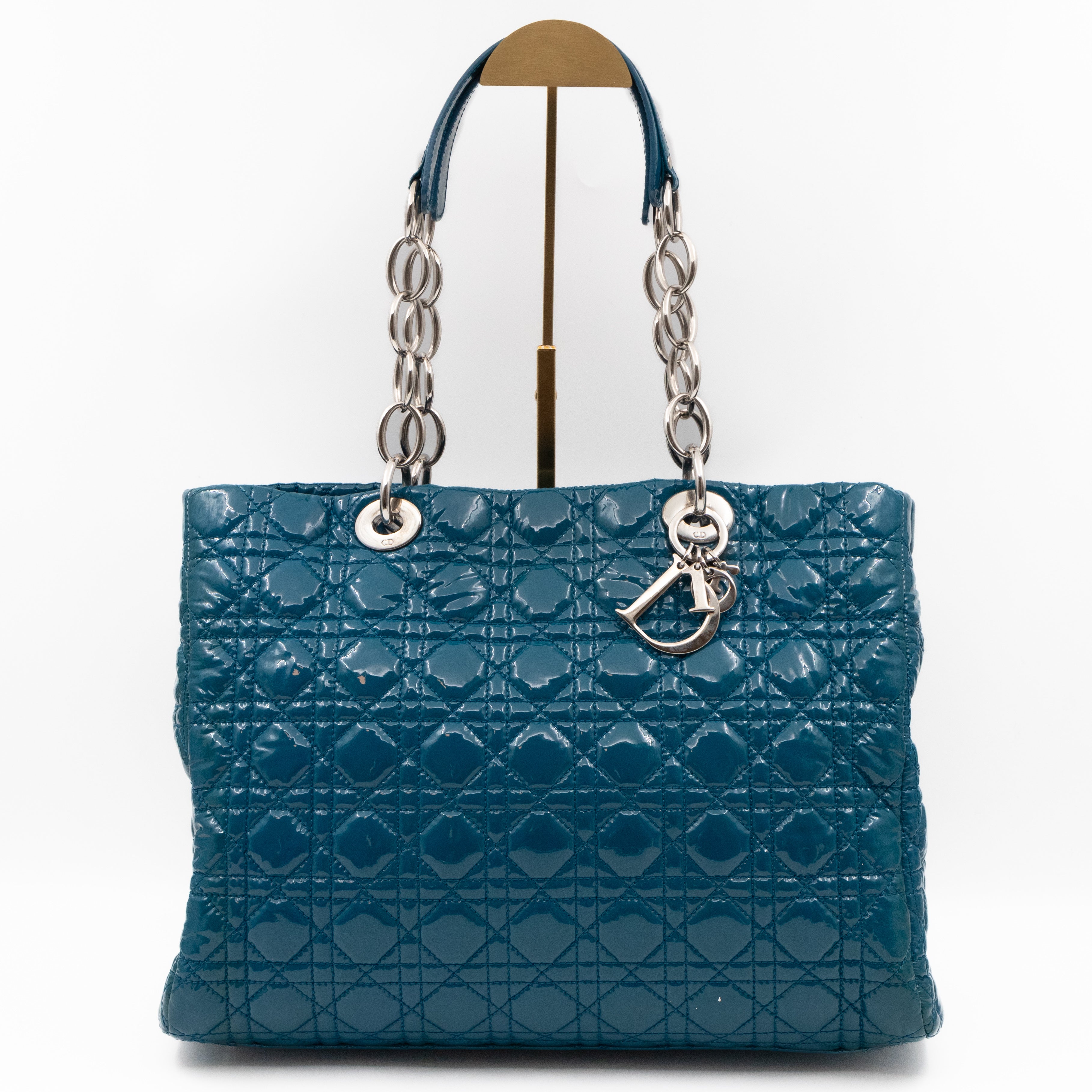 Medium Soft Shopping Tote Blue Patent Cannage Leather