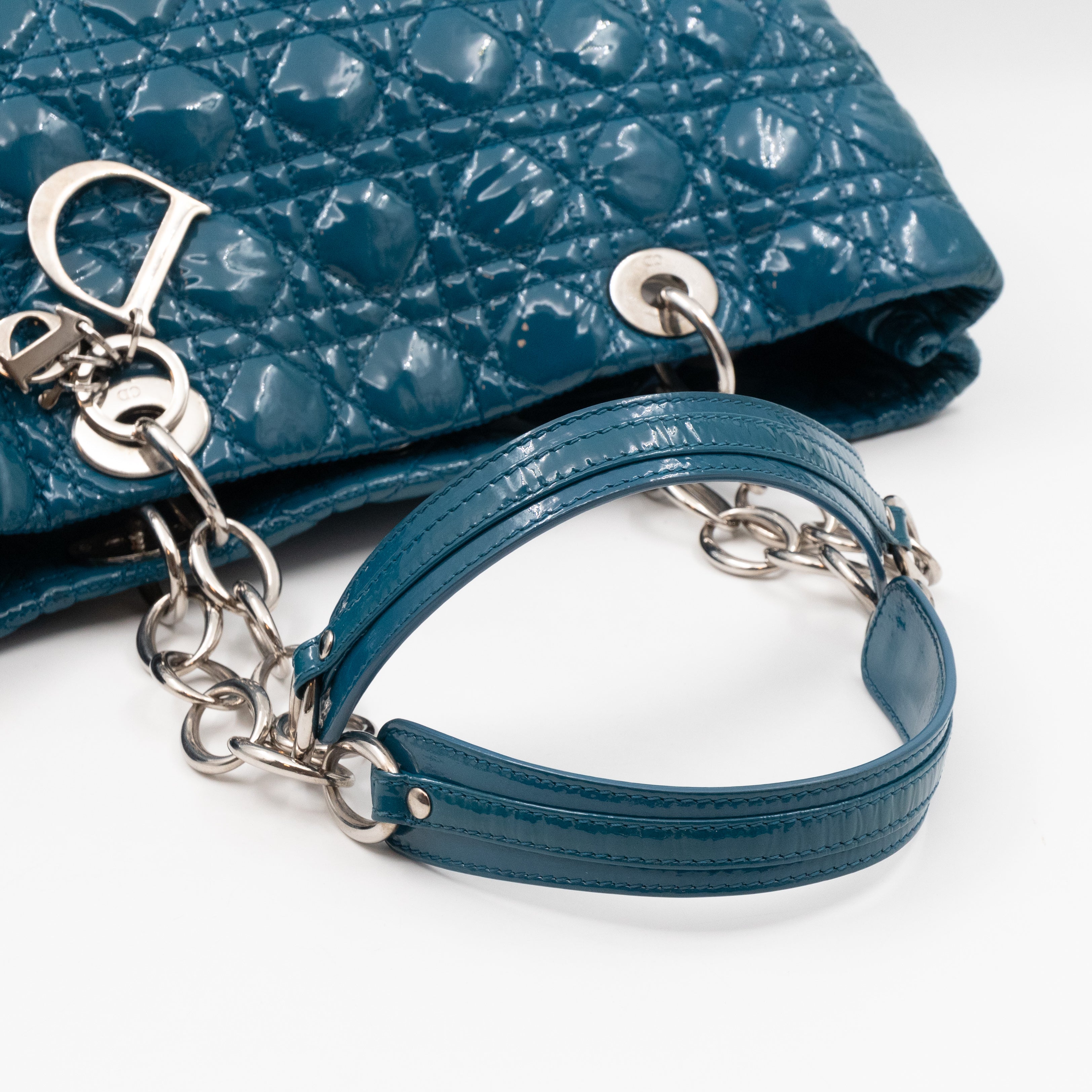 Medium Soft Shopping Tote Blue Patent Cannage Leather