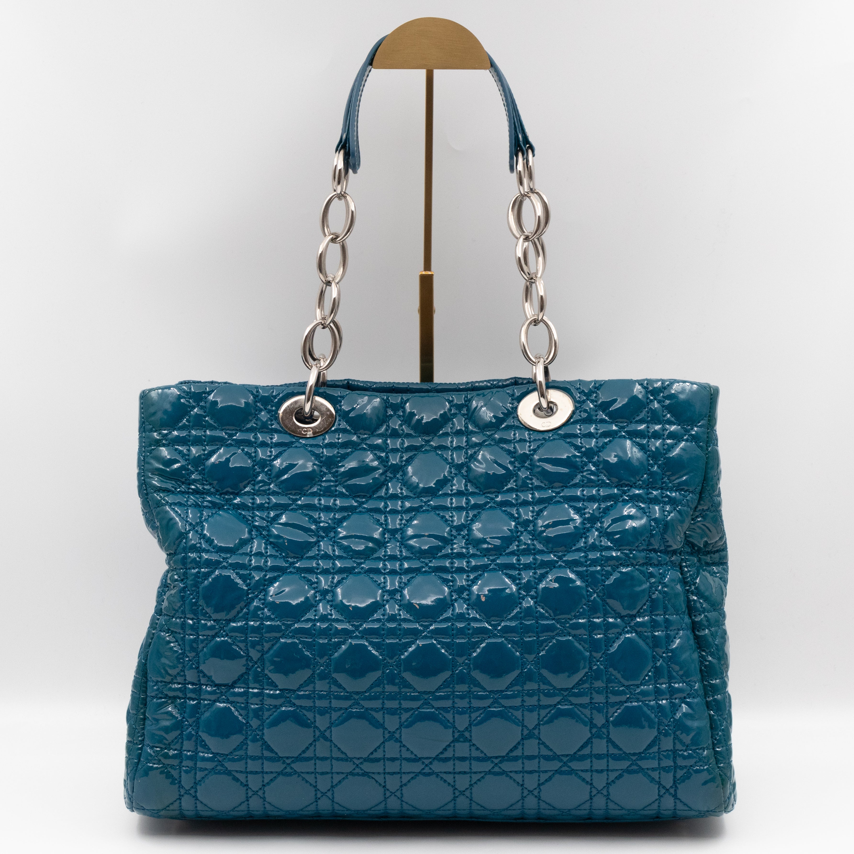 Medium Soft Shopping Tote Blue Patent Cannage Leather